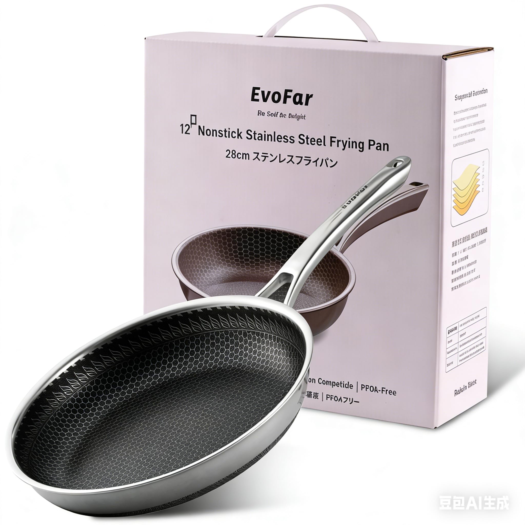 EvoFar Bratpfanne 28cm Induktion, Edelstahlpfanne für alle Herdarten geeignet Gasherd Gaskocher Induktionsherd, Antihaft Pfanne Ohne Schadstoffe