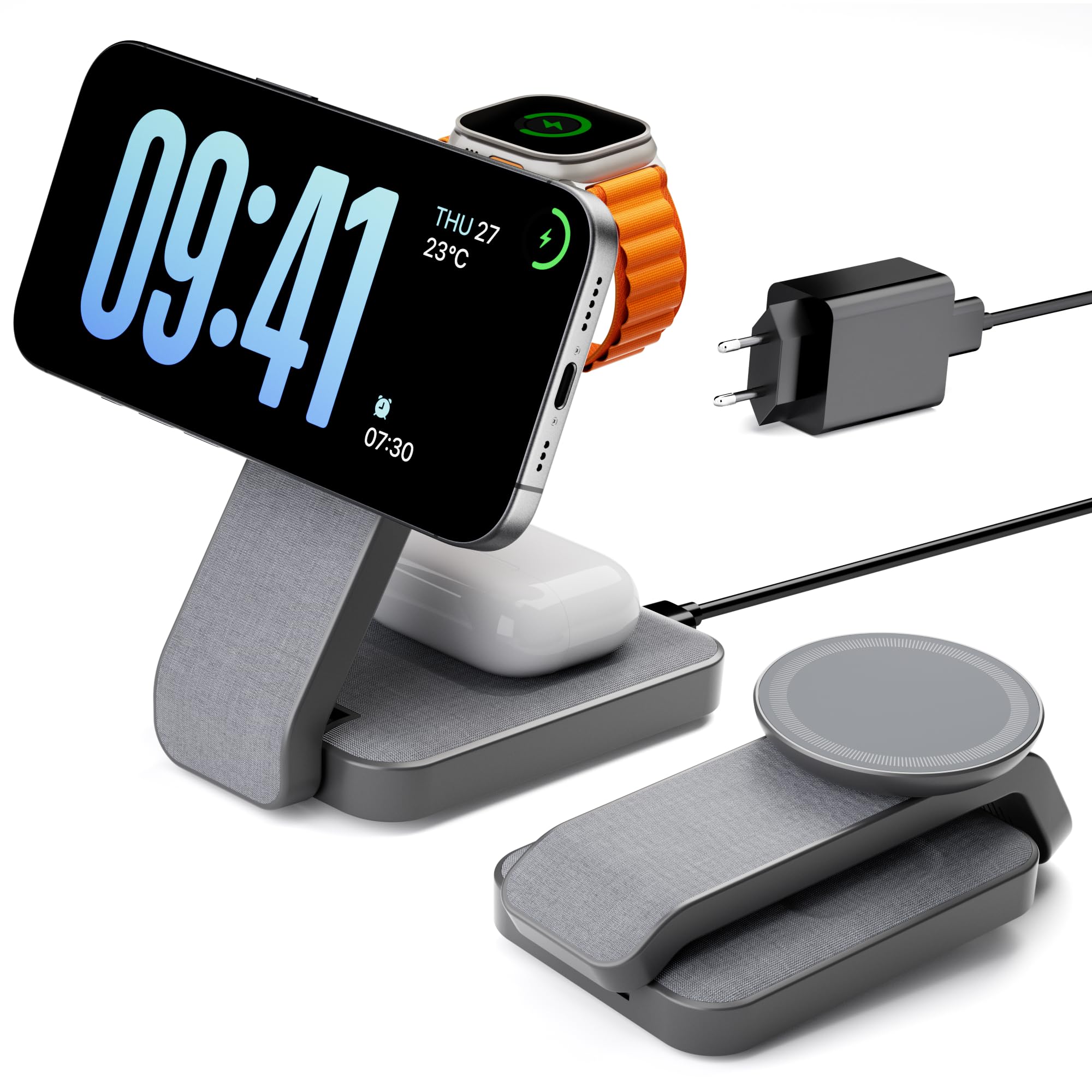 Eazpower Magsafe Ladestation für Apple Watch und iPhone 3 In 1 Faltbar, iPhone Ladestation Magsafe Ladegerät Charging Station für iPhone 17 16 15 14 13 12 Pro Max - Anthrazit