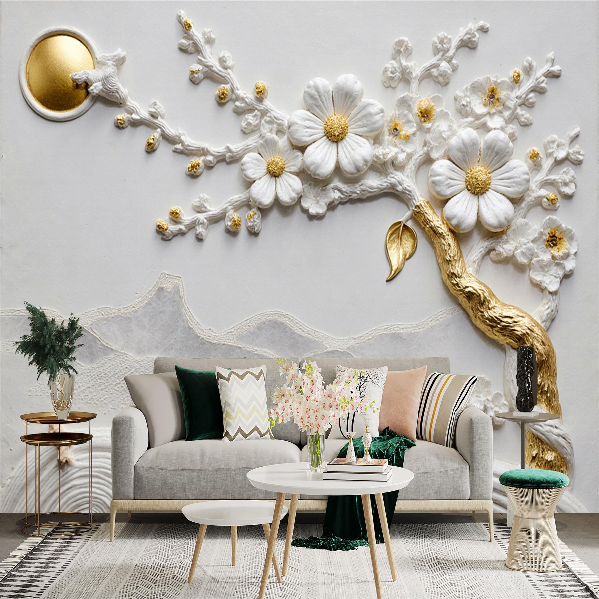 Custom Size Wall Sticker Mural， White Floral Relief， Gold Embellished Branches， Minimalist Zen Mountain Scenery， for wall Decoration， peelandstick wall Decals.