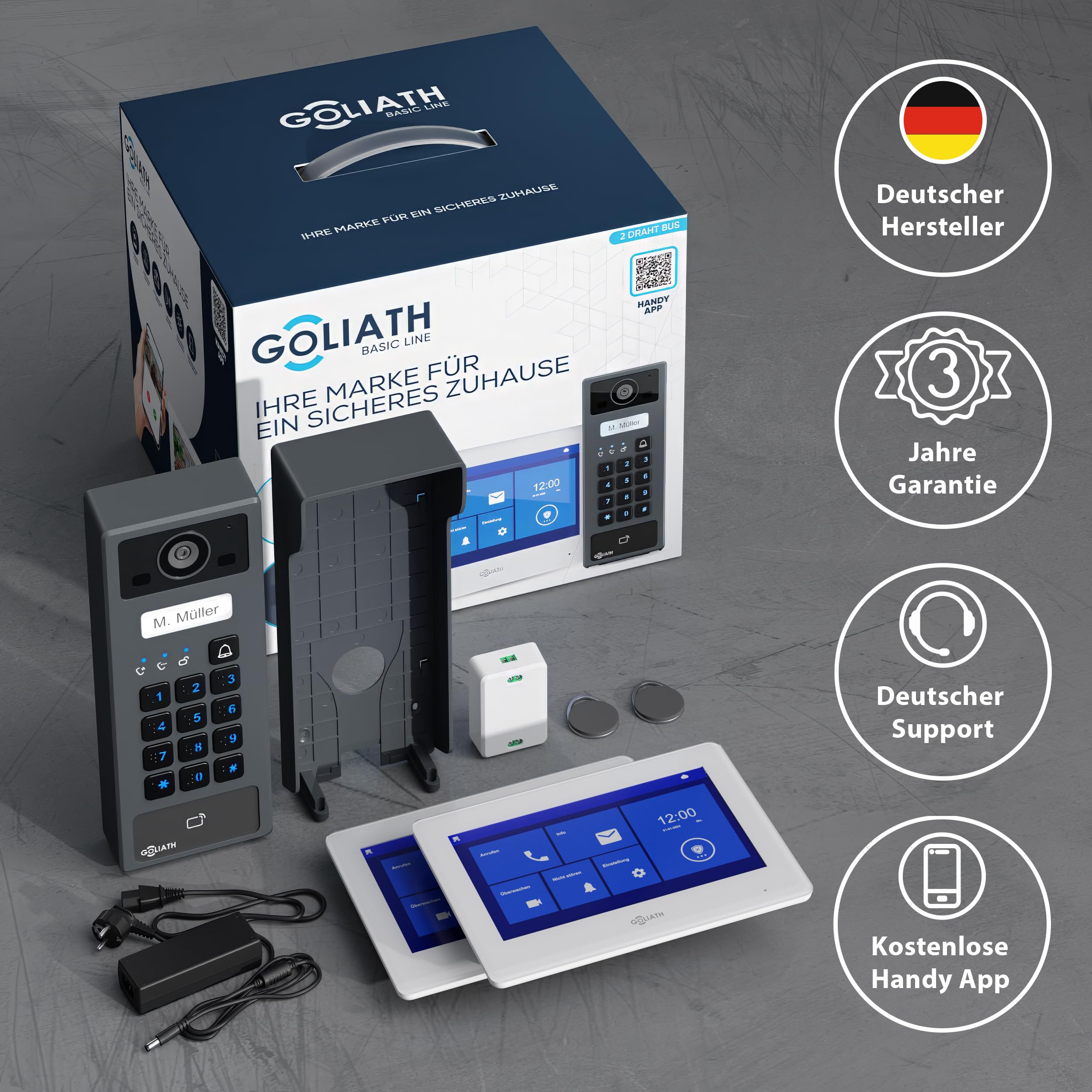 GOLIATH Basic 2-Draht Bus Video-Türsprechanlage, Full-HD, App-Steuerung, 2X 7 Zoll Monitore in Weiß, RFID & Keypad, 1-Familienhaus, Aufputz, AV-BLS-K-02W