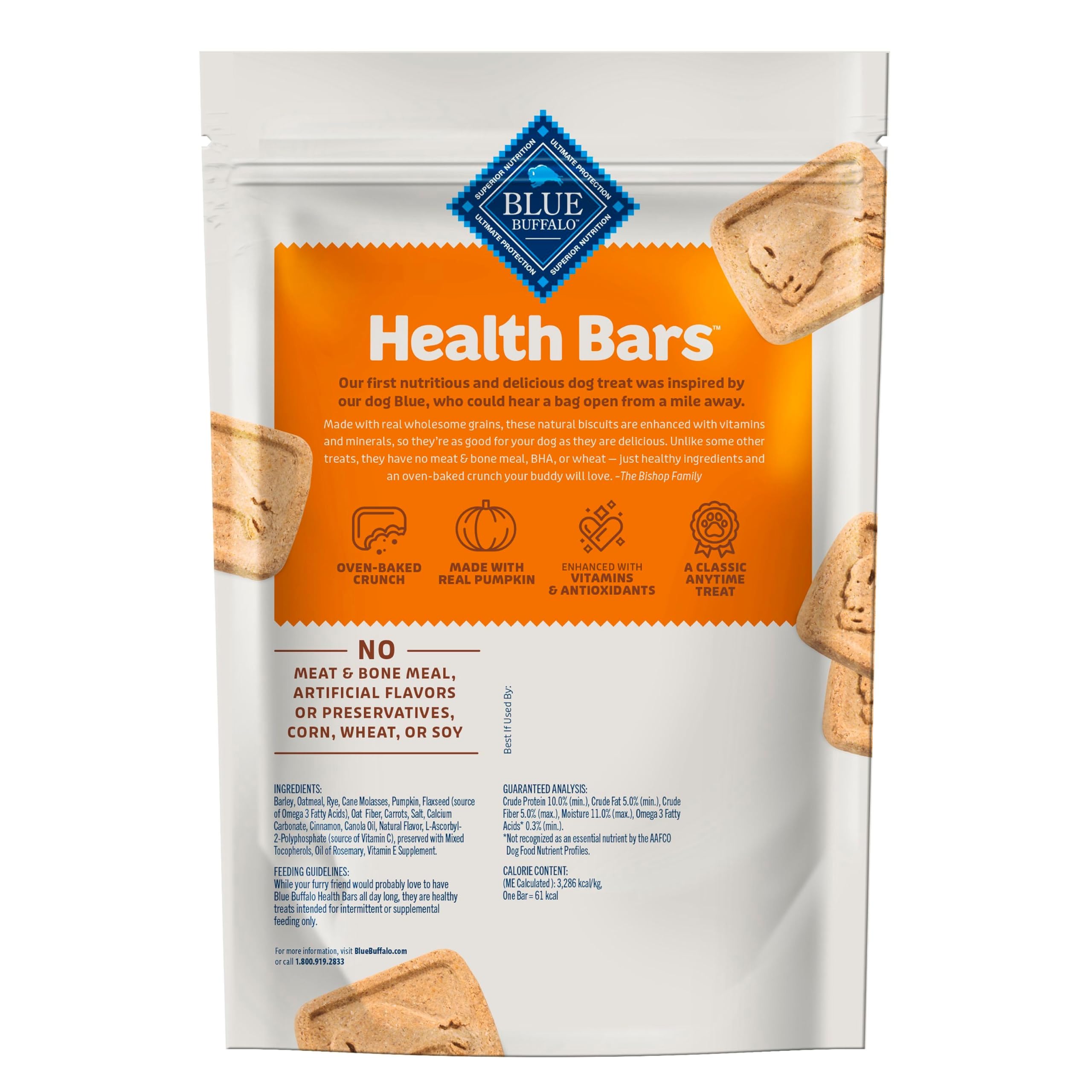 Blue Buffalo Health Bars Crunchy Dog Biscuits, Oven-Baked With Natural Ingredients, Pumpkin & Cinnamon, 16-oz Bag