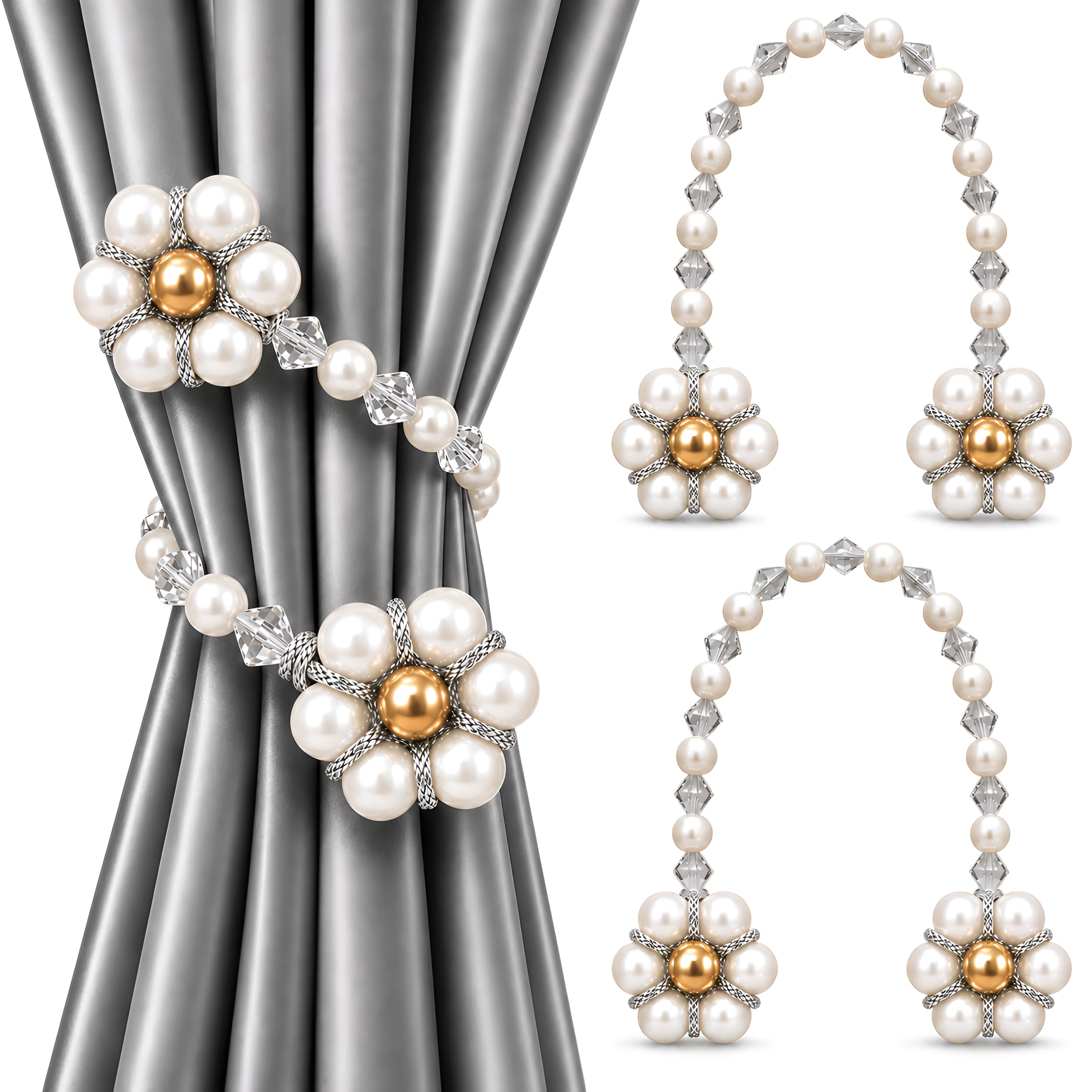 MERAV Handmade Curtain Tiebacks | Drape Floral Holdback Clip | Pearl Decorative Holder Tie for Window | Crystal White (1 Pair - 2 Pcs)