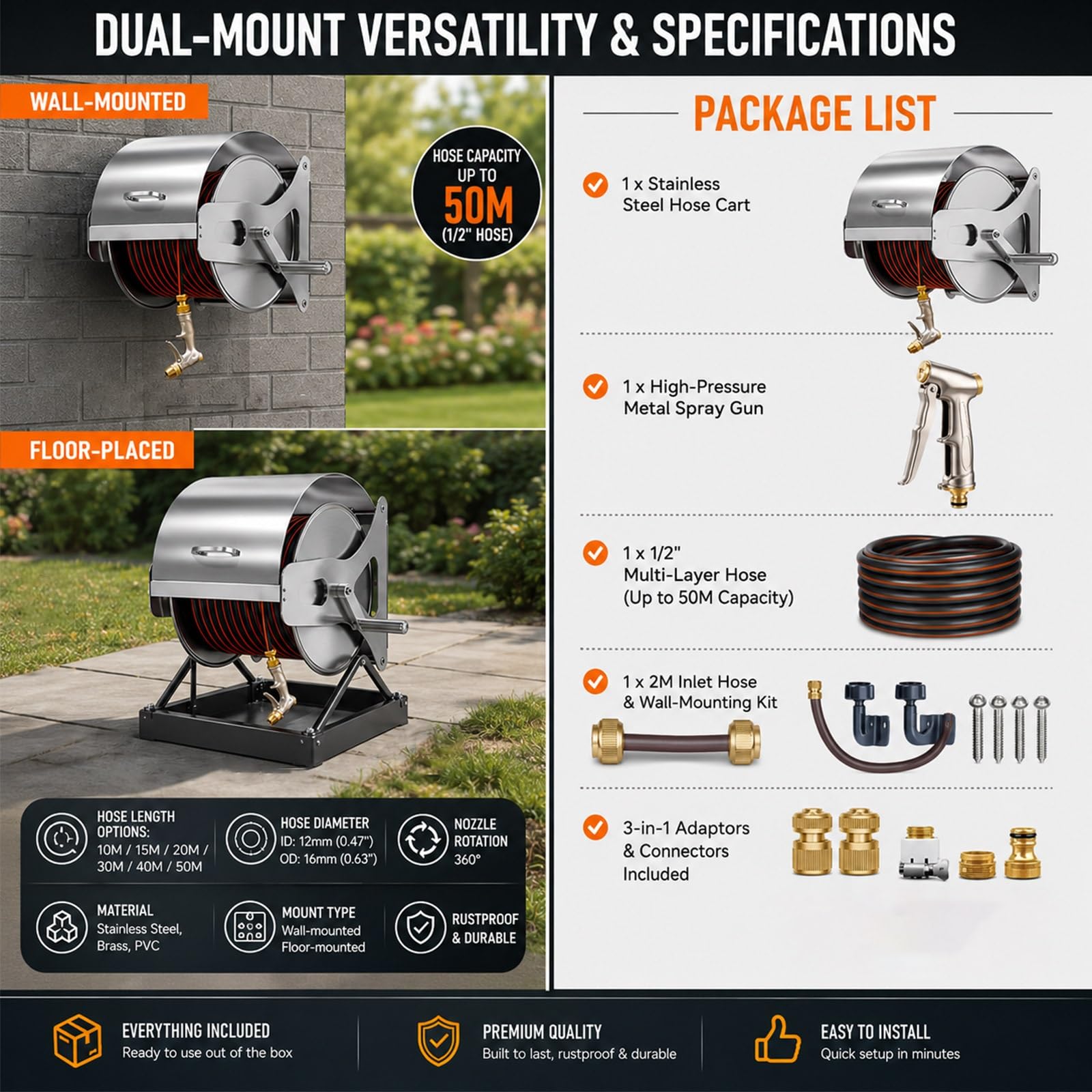 Heavy Duty Edelstahl Schlauchwagen, Wand & Boden Metall Gartenschlauchaufroller mit 5-Modi Spritze, Antirost Schlauchtrommel Kurbel Halterung Profi Set(50M/165FT)