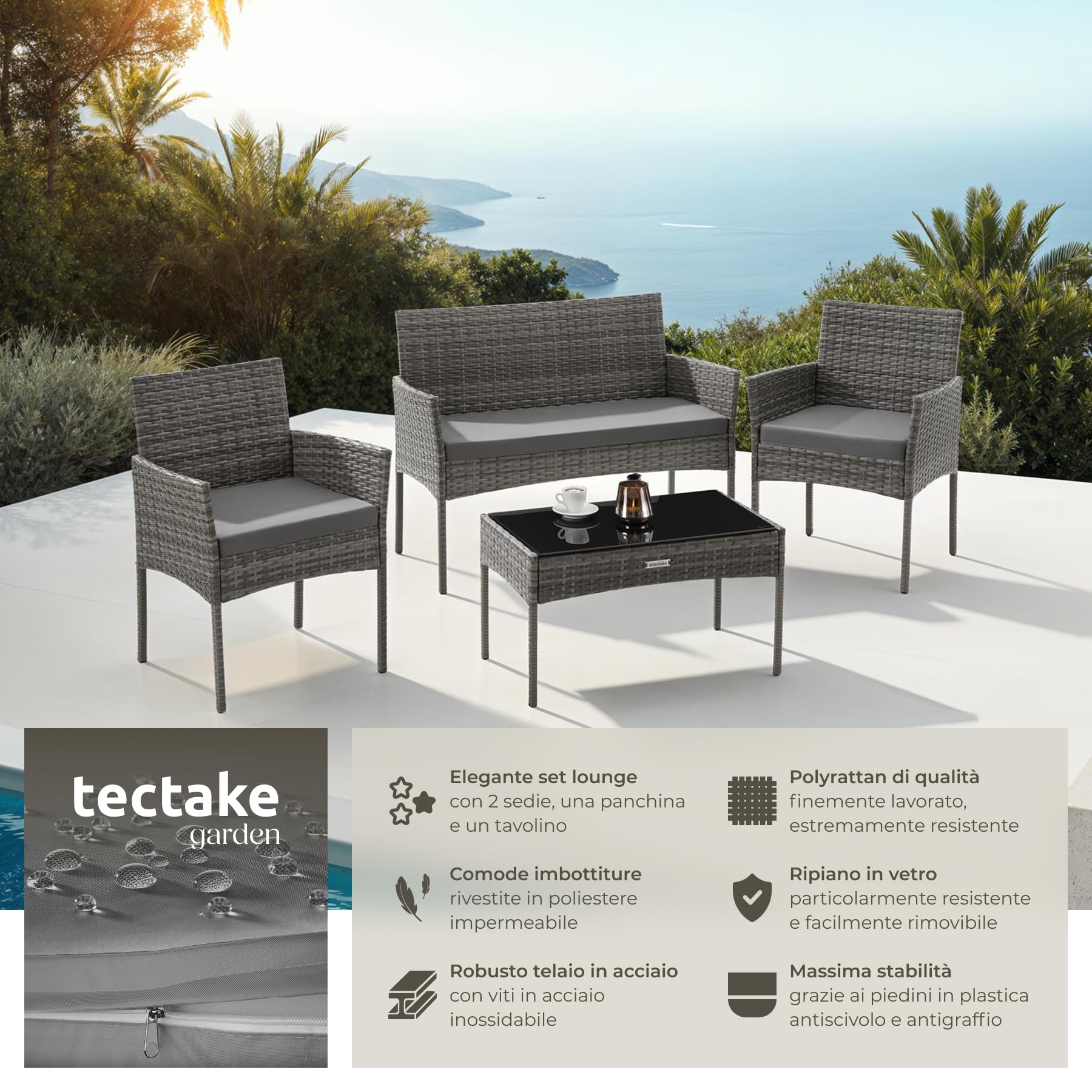 Tectake Set da Giardino in Rattan 4 Posti Polyrattan Resistente Cuscini Idrorepellenti Lavabili Tavolino Vetro di Sicurezza Grigio