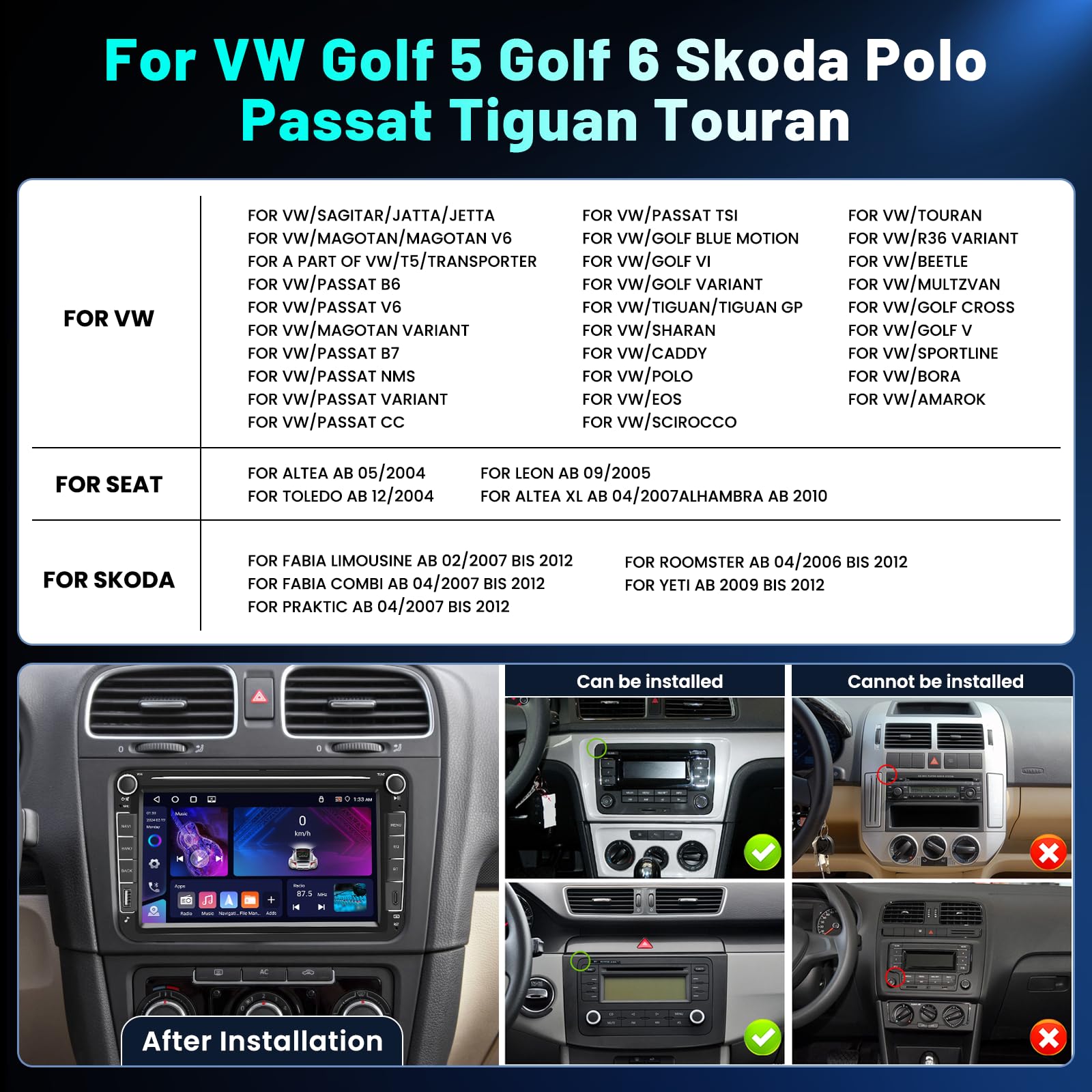 4+64G 8" Radio para VW Golf 5 Golf 6 Polo Skoda Passat Tiguan Touran | Wireless Autoradio 2 DIN GPS Navi Bluetooth 5.0 5G WiFi FM/RDS Cámara Trasera Control del Volante 4+64G
