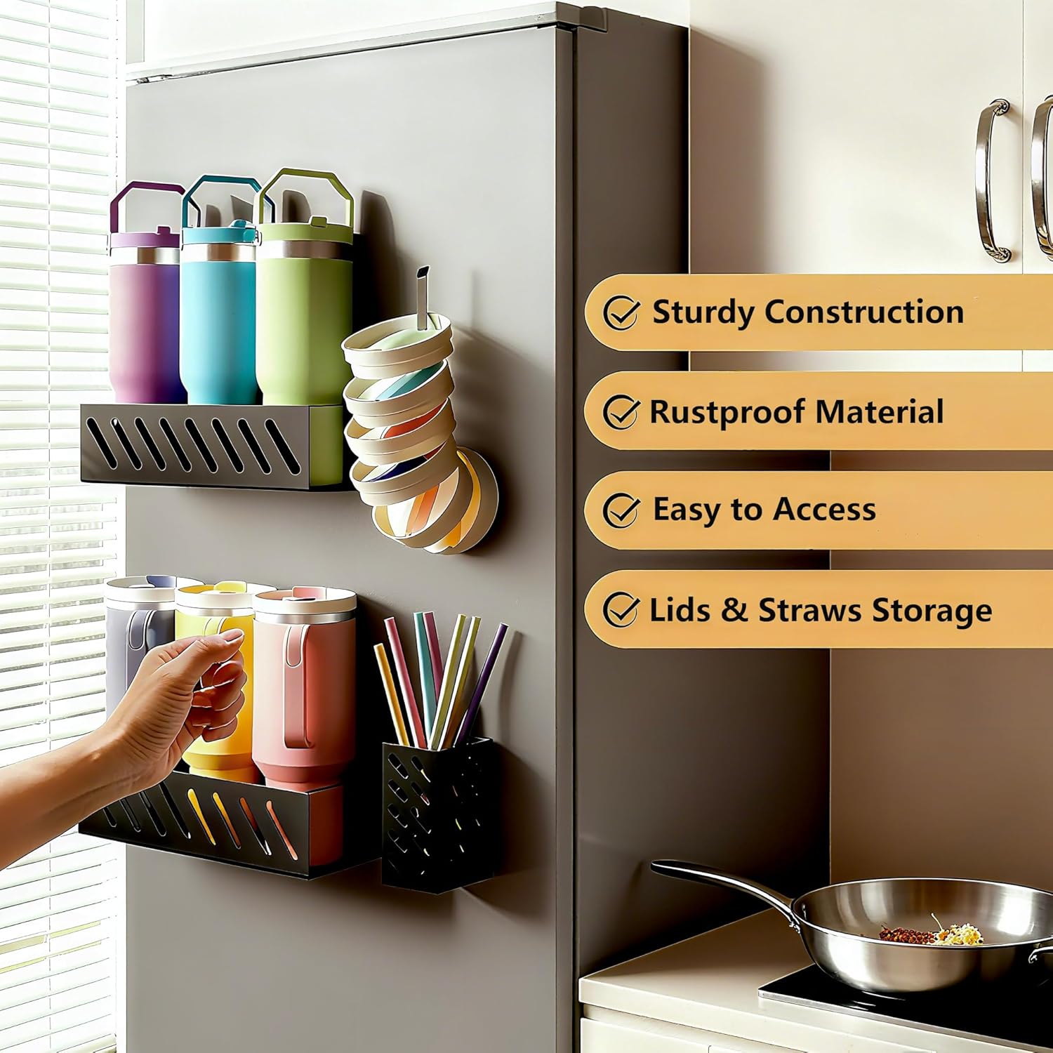 Magnetic Stanley Cup Organizer (2-Count) - Secure Fridge Mount for Full-Size 30/40 oz Tumblers with Lid & Straw Storage (6 Tumblers) - Image 5