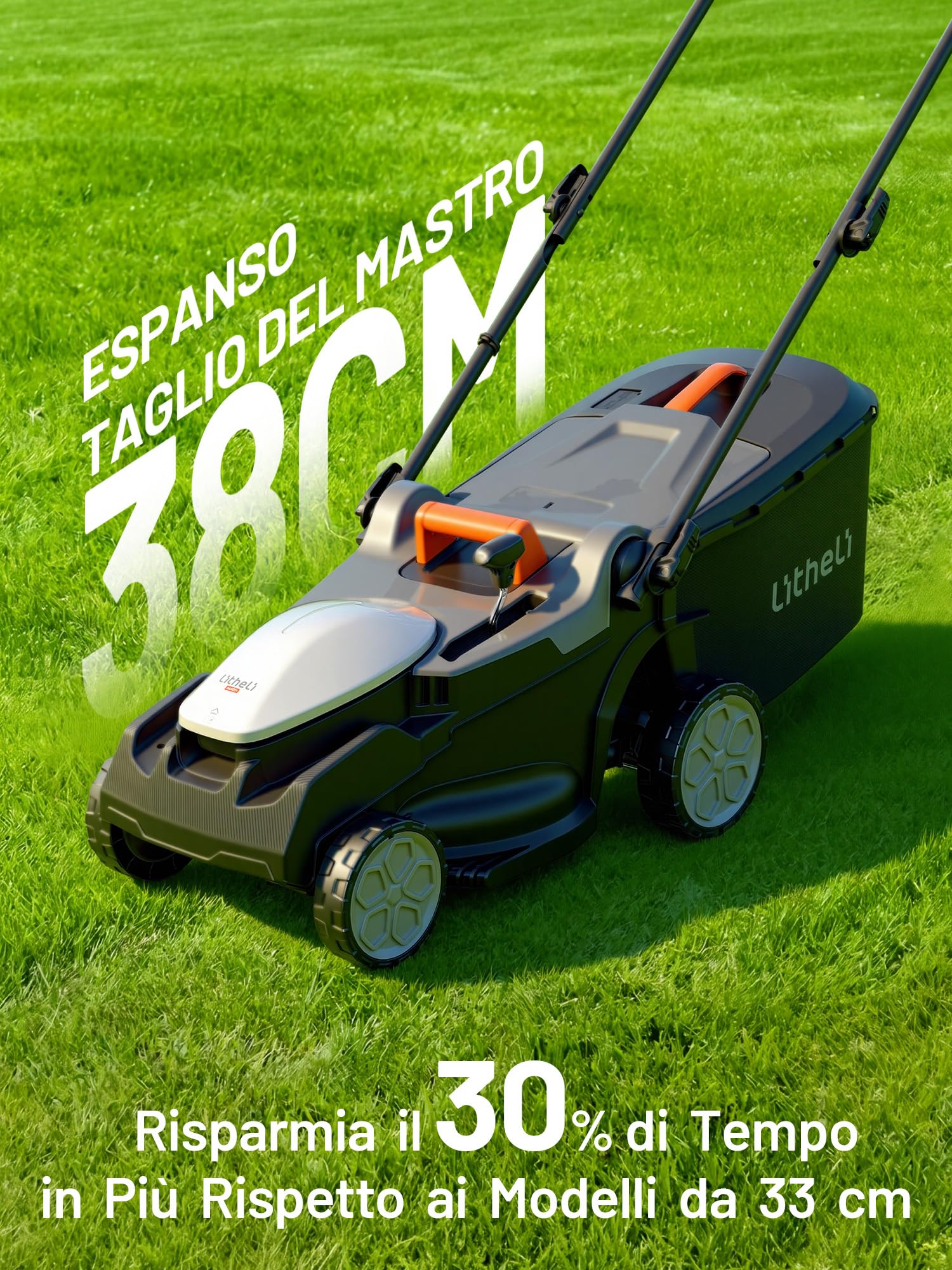 U20 Litheli Tagliaerba Tosaerba a Batteria 38cm, 2x 20V Batterias 4.0Ah, Altezza Regolabile 25-75mm, Sacco 40L, per Prati Fino a 300m²