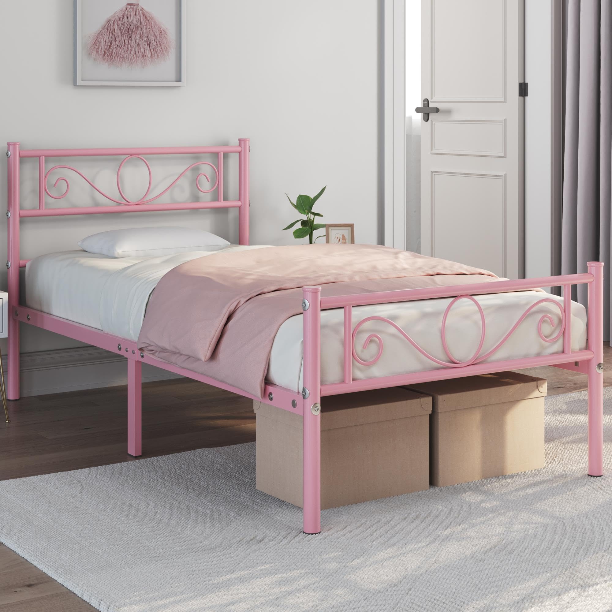 Lit Simple Métallique 90x190 Cm Avec Sommier à Lattes - Cadre De Lit Minimaliste Blanc - Capacité 136 Kg
