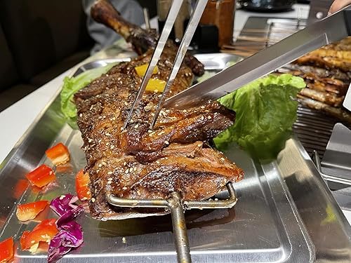 Miniatura 2 de Bandeja de tallado de pollo asado con pinchos de acero inoxidable, plato para servir carne de pavo, juego de tenedores y cuchillo de talla con