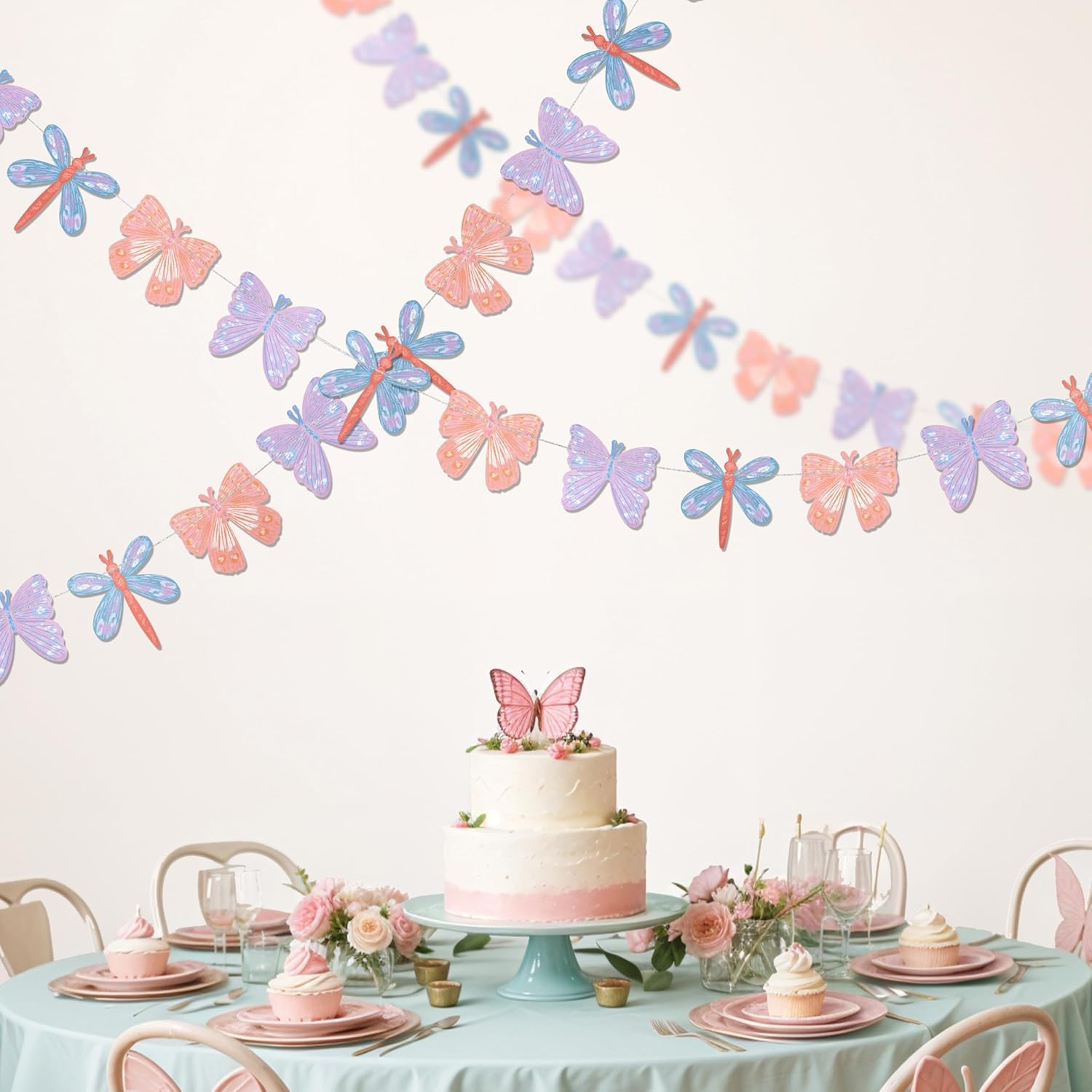 Cheerland Pastel Butterfly and Dragonfly Party Decorations Hanging Butterfly Garland Spring Party Decoration Banner for Floral Tea Party Theme Paper Garlands Baby Shower Garden Backdrop Supplies 4 Pcs - Image 2