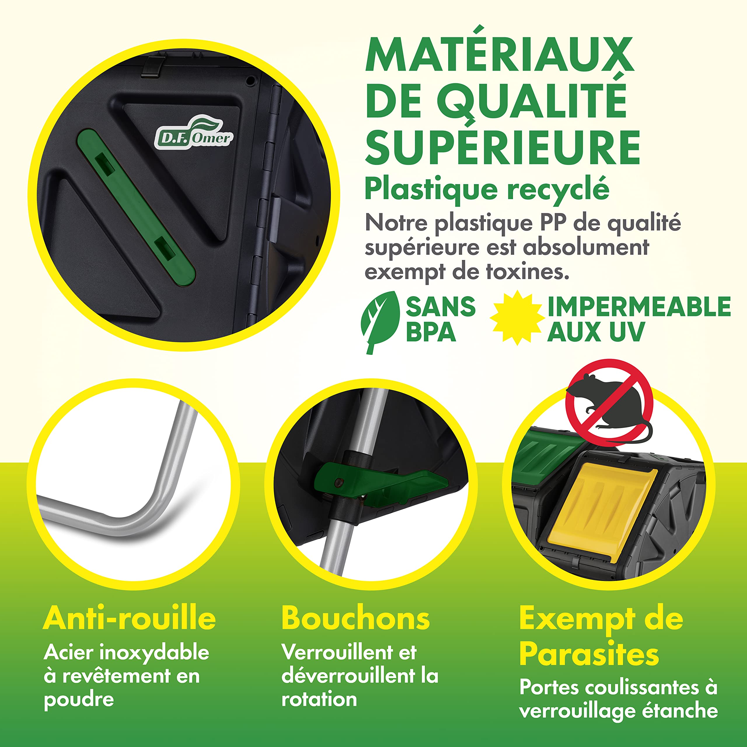 Composteur de Jardin Double Chambre DF OMER - Petit Composteur Rotatif avec système de Rotation Facile, 2 Portes coulissantes, Cadre en Acier Robuste - Toutes Saisons, sans BPA (18.5gal/70L)
