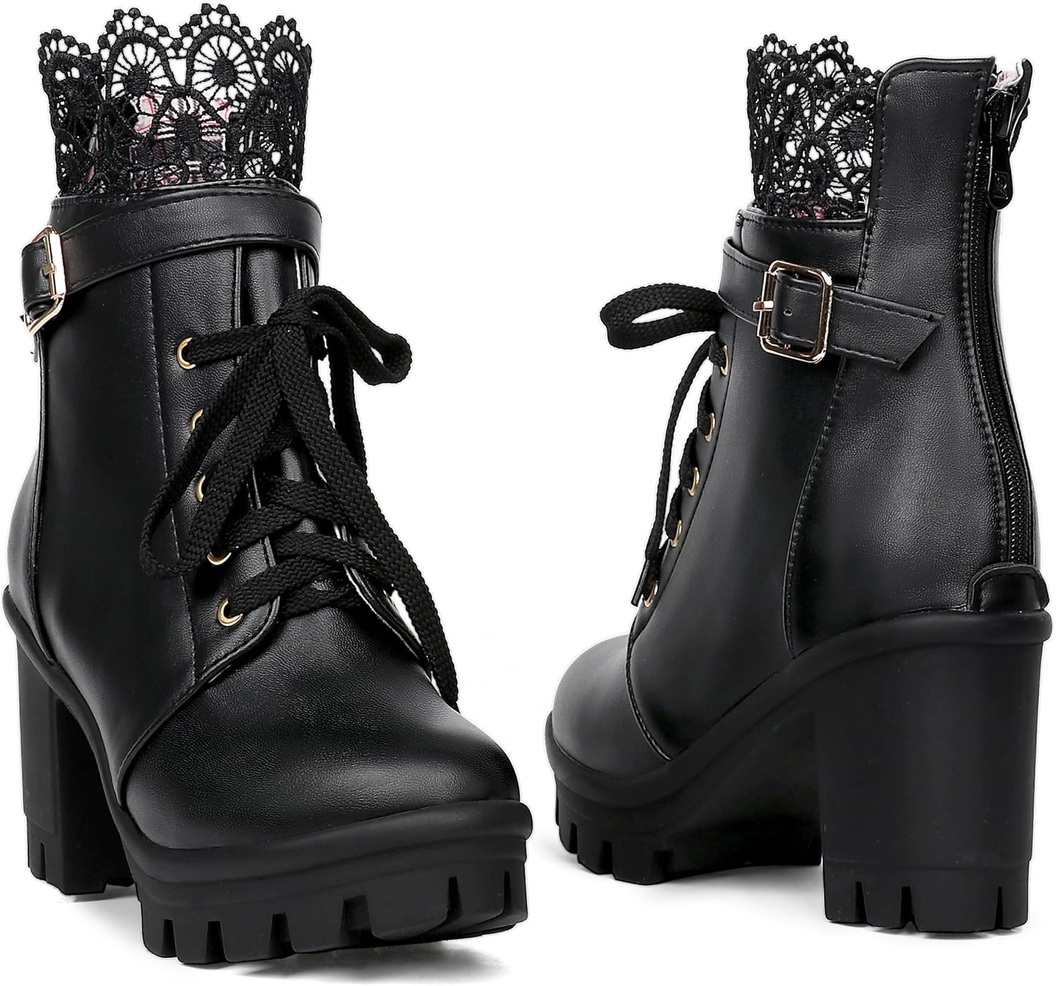 BEAUPAS Women's Chunky Platform High Heel Boots Lace Up Gothic Ankle Booties Block Heel Buckle Punk Shoes - Image 8