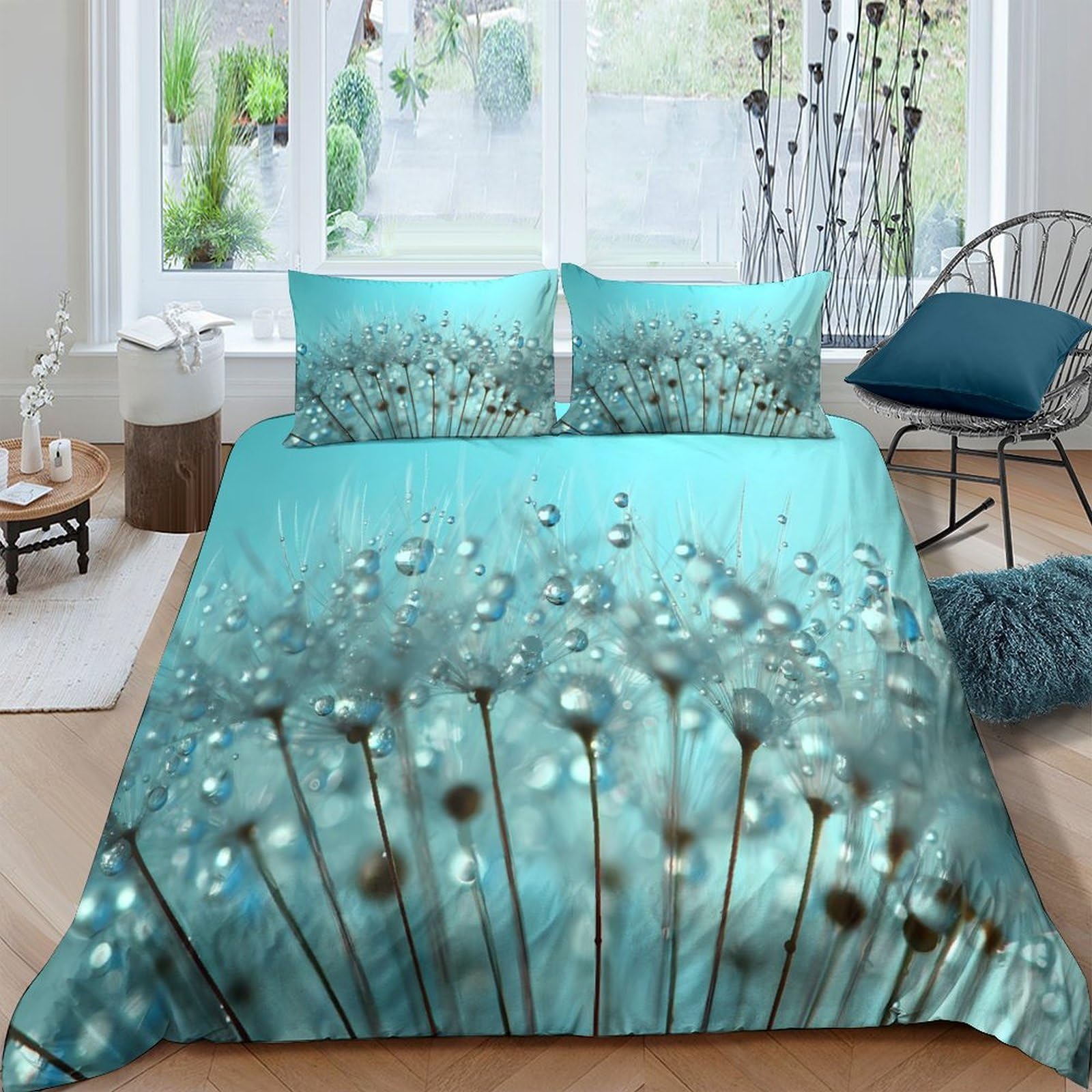 GPLZQXKJNH 3D Printed Blue Dandelion Duvet Cover Microfiber Soft Floral Bedding Set with 2 Pillowcases for Bedroom Home Décor Single（135x200cm）