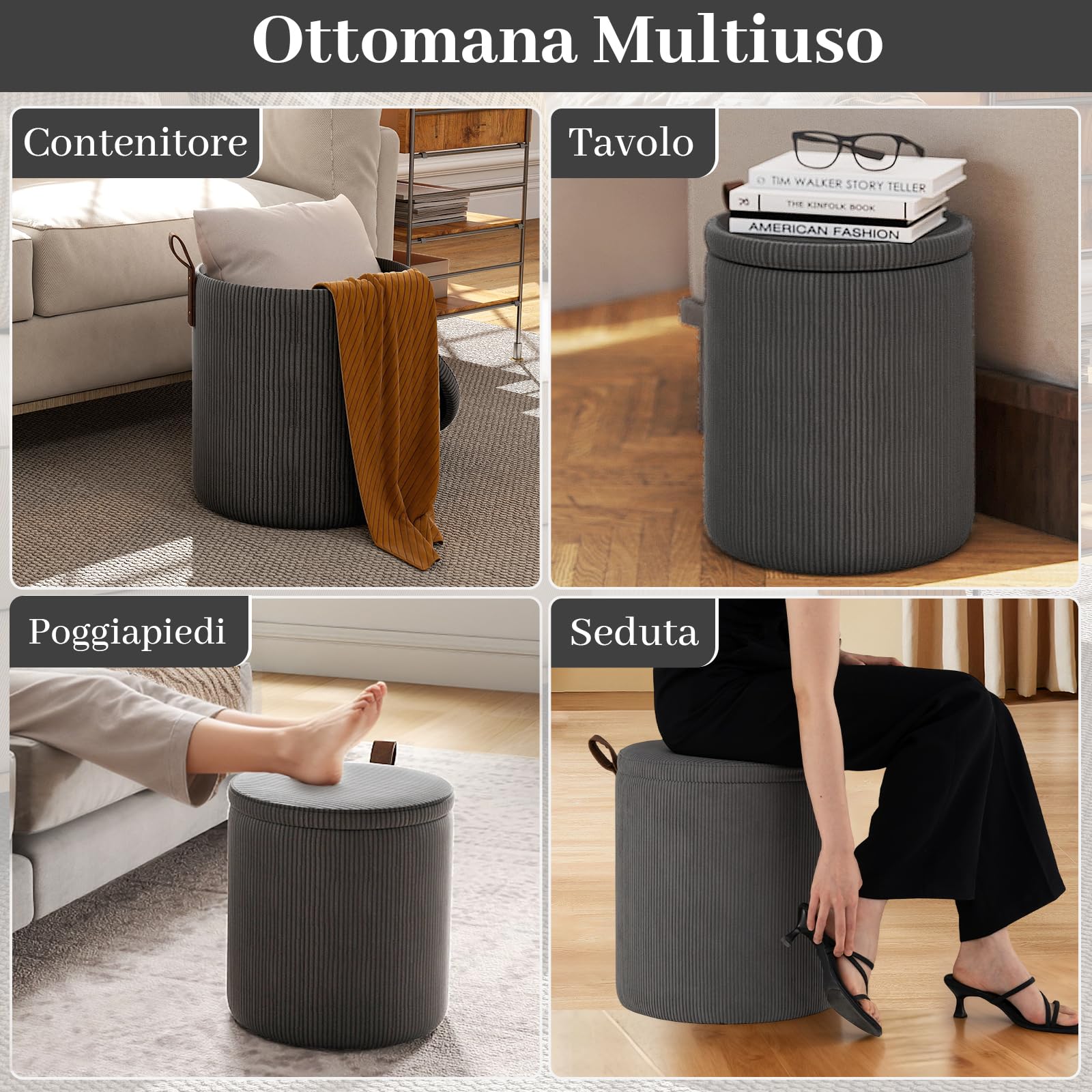 COSTWAY Set di 2 Pouf Contenitore in Velluto, Pouf Rotondi Imbottiti da 40L + 25L, Sgabelli con Contenitore per Soggiorno, Camera da Letto, Portata 150 kg (Grigio)