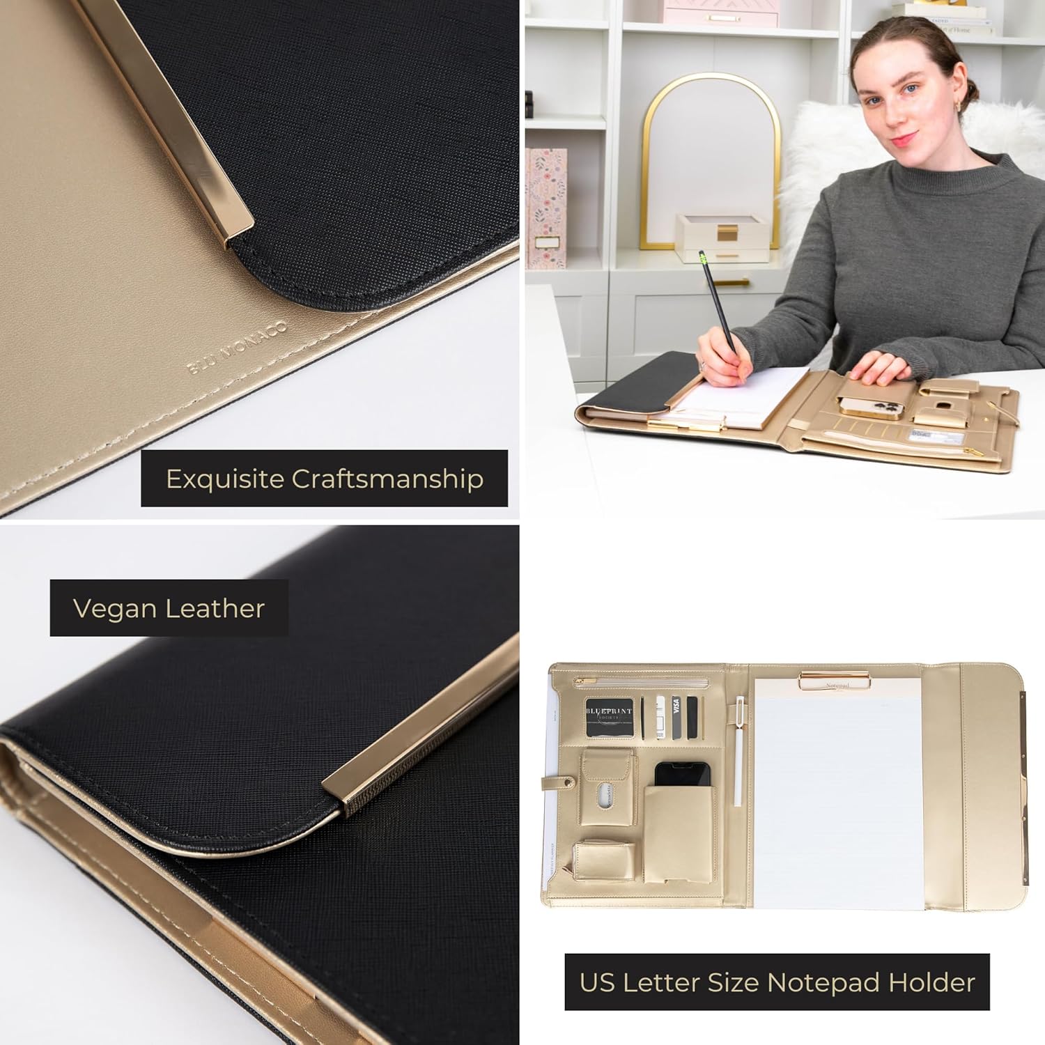 BLU MONACO | Black Vegan Leather Portfolio Binder for Women | Professional Padfolio with Magnetic Closure & Gold Trim | Business Organizer Case for Documents & 8.5 x 11 Notepad - Image 6