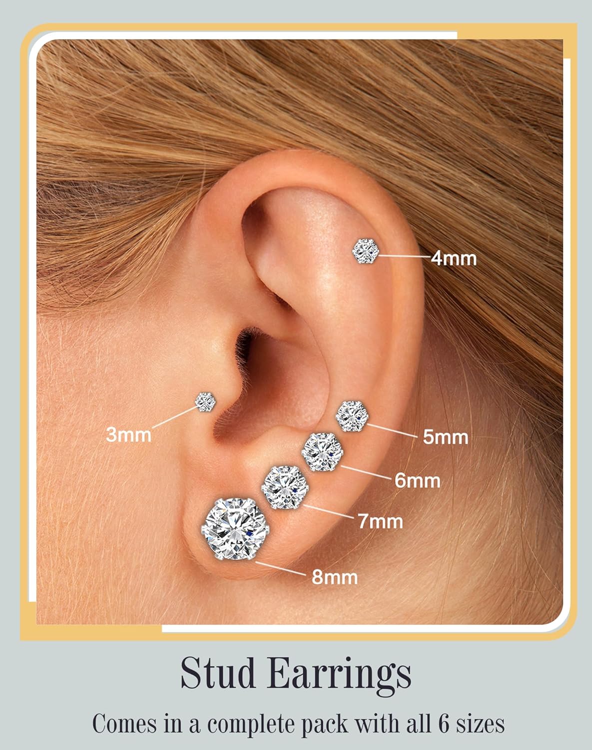 6 Pairs Stud Earrings Set, Hypoallergenic Cubic Zirconia Earrings, Silver 14K Gold Plated 316L Stainless Steel CZ Earring for Women Men 3-8mm - Image 2