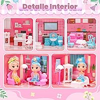 Vista 2 de Casa de muñecas AmiDear con 4 pisos y 11 habitaciones, juego de casa de muñecas princesa de ensueño con muebles, tobogán de piscina, casa de juguete