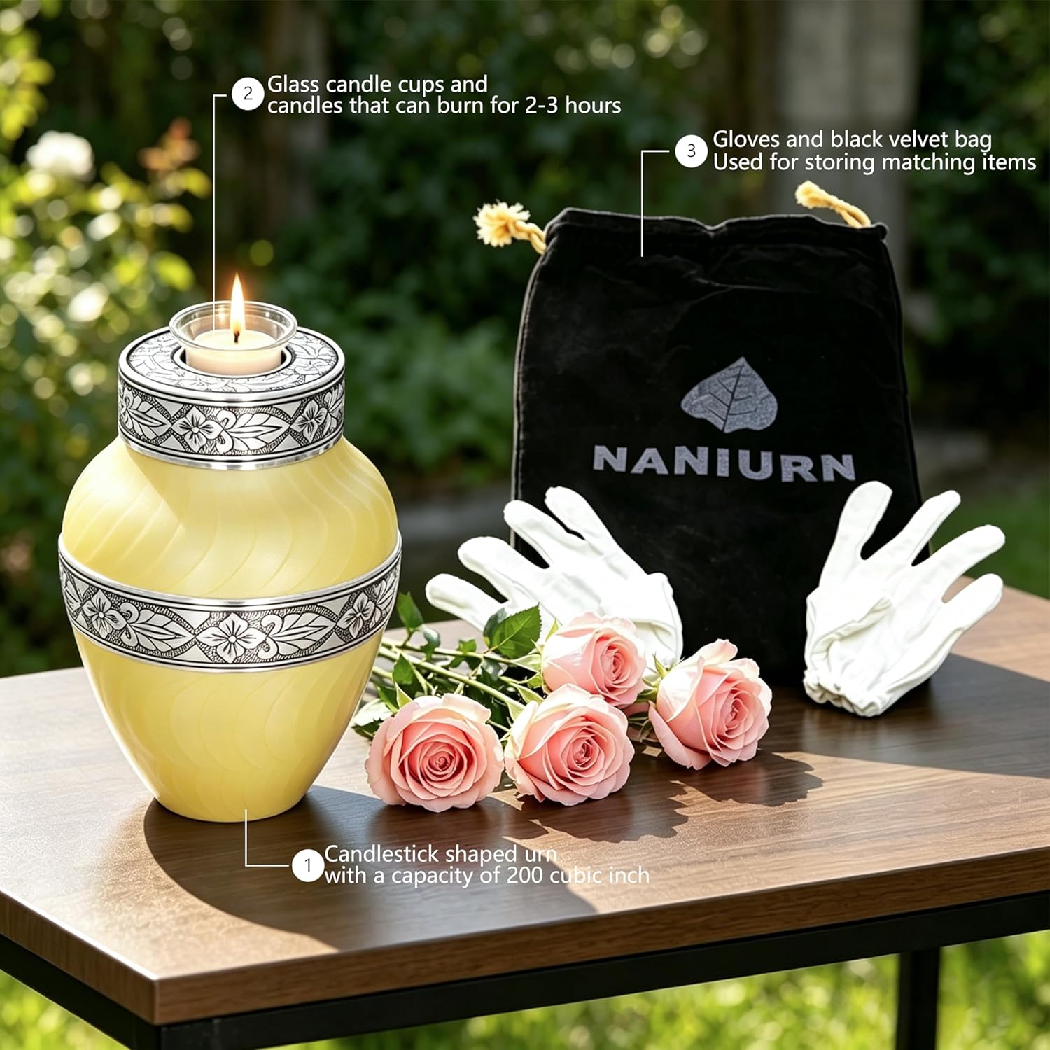 Urns for Human Ashes Adult Female/Men, Cremation urns Ashes for Funeral, Memorial Urn, Metal Engraved, ERN, Yellow Candlestick Urn - Large Size