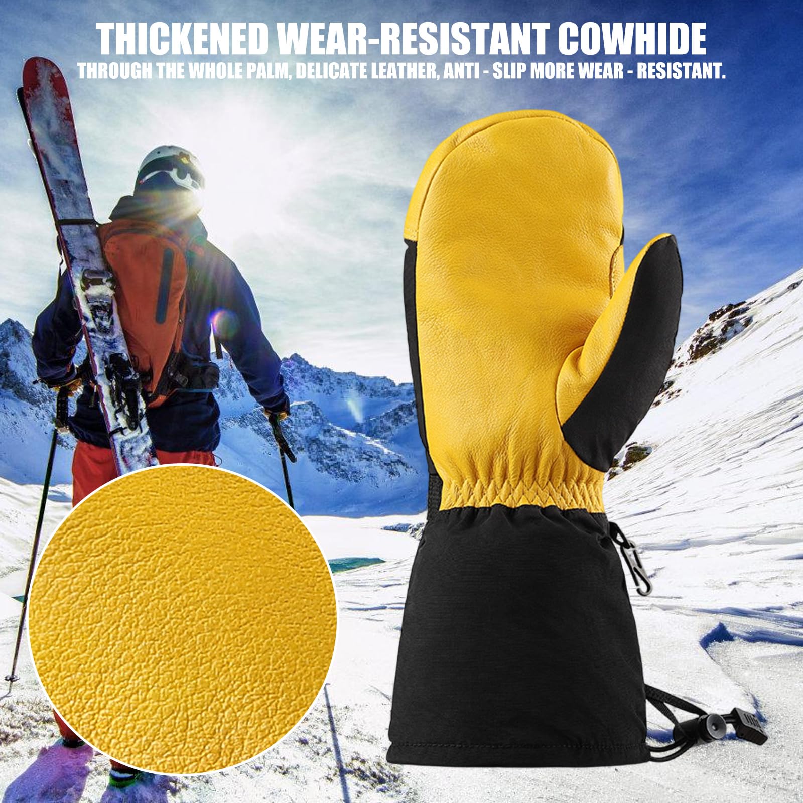Guantes de esquí para clima frío, forro grueso, impermeables, resistentes al viento, snowboard, unisex, correa de muñeca ajustable, resistente al viento, térmicos para clima frío