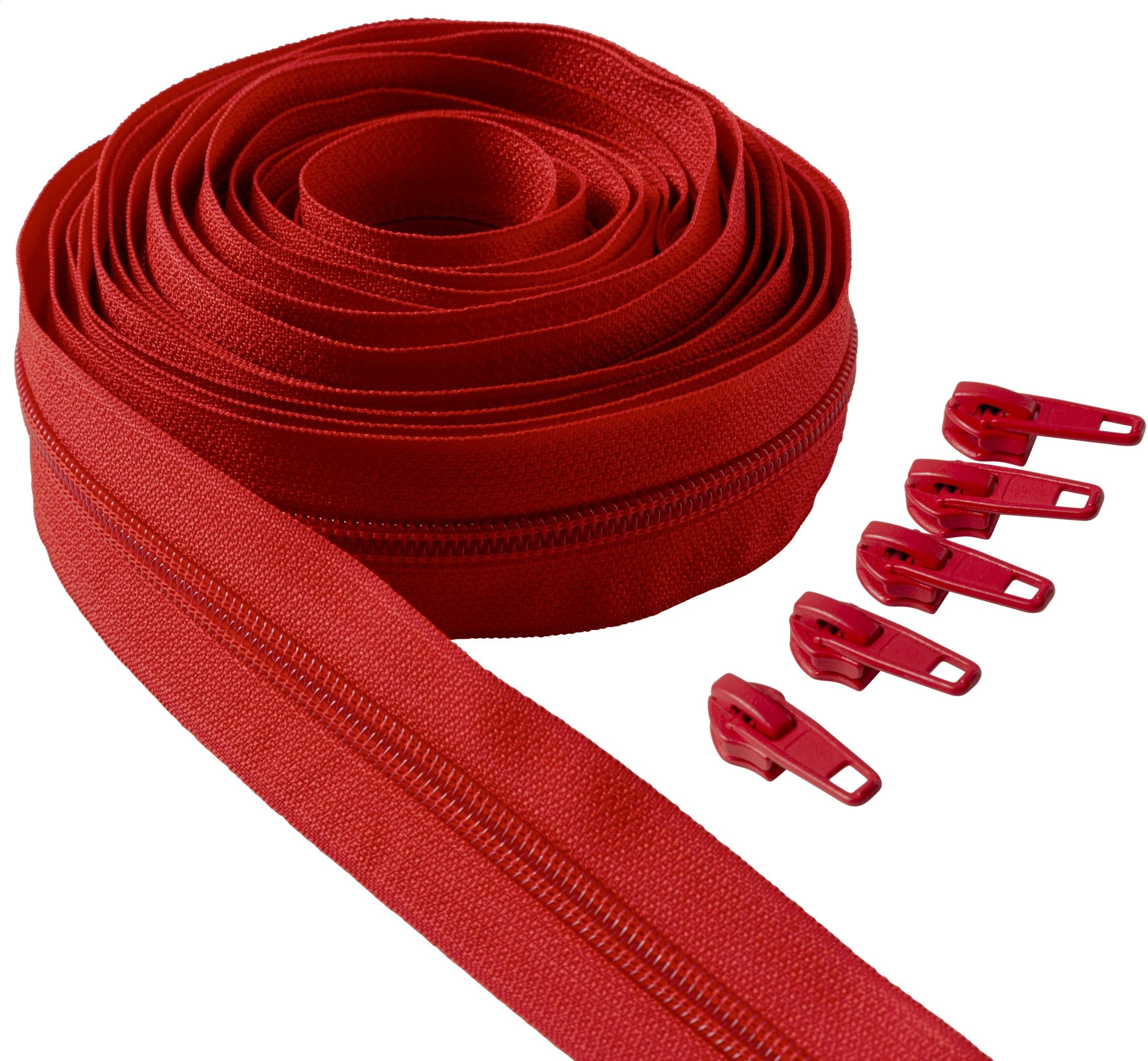 IPEA Red Continuous Chain Zipper - 5 Metres Long + 15 Metal Sliders - Made in Italy - Chain Size #5 - Nylon Zippers - Zip - Cut to Size for Sewing by the Metre - 30mm Wide - Red