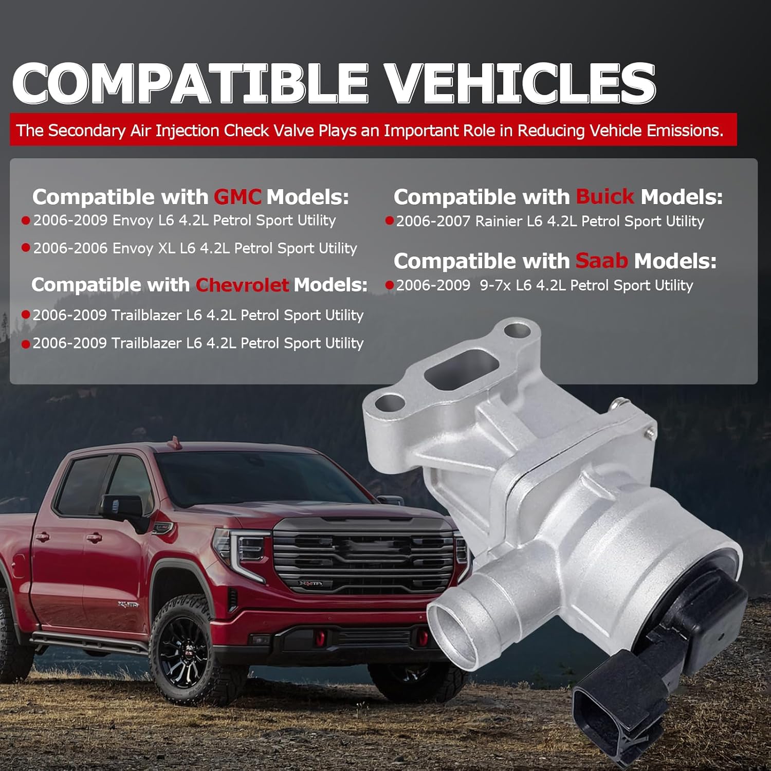 1ST 911-150 Secondary Air Injection Check Valve for Chevy Trailblazer for Buick Rainier for GMC Envoy Saab 9-7x, 2006-2009 4.2L Gas Engine, Replaces OE 12619110