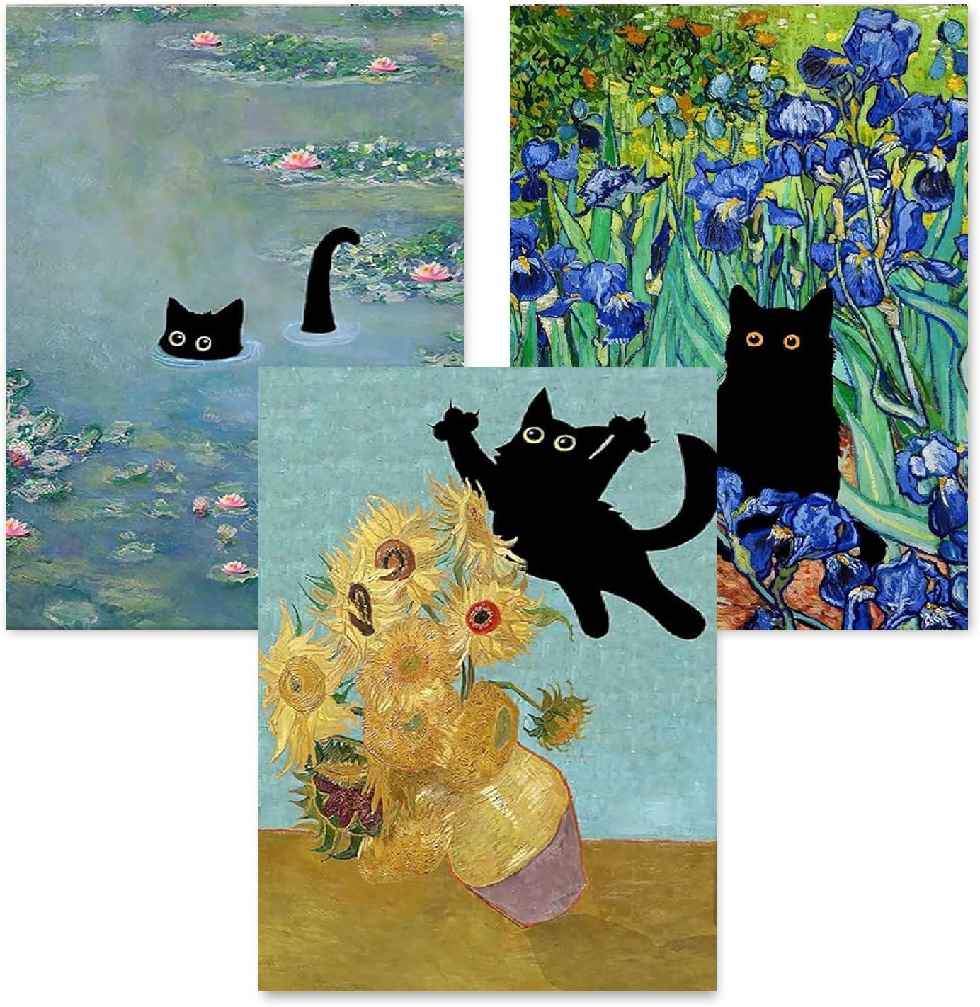 3 Pack Black Cat Diamond Art Kits for Adults, Diamond Painting Kits for Beginner, 5D Funny Animal DIY Van Gogh Diamond Dots Full Drill Crafts for Gem Art Dot Art Home Wall Decor for Teens 12x16 in