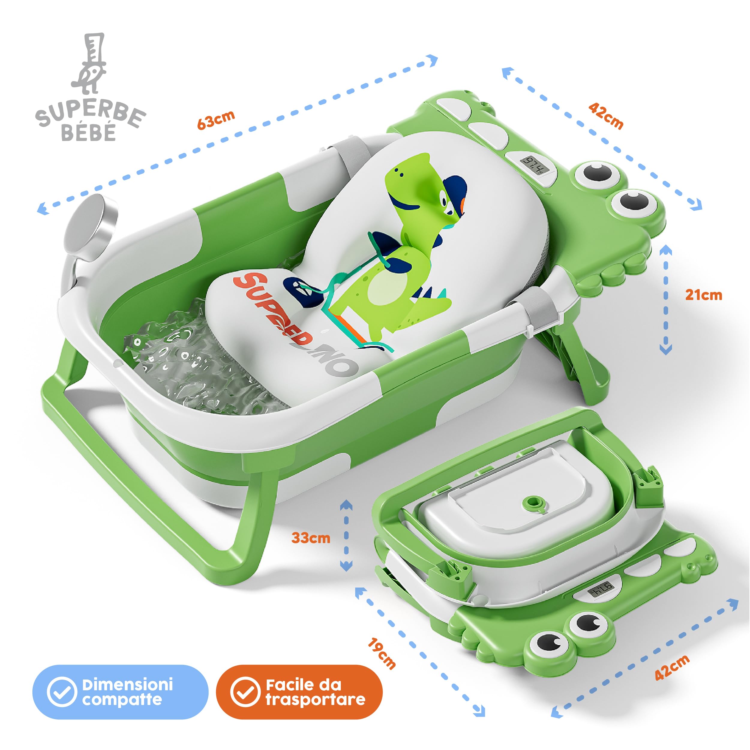 Vasca da bagno pieghevole con cuscino da bagno e termometro incorporato, vasca da bagno per bambini con supporto vasca da bagno in omaggio, ideale per regalo di nascita, ragazza o ragazzo, dalla