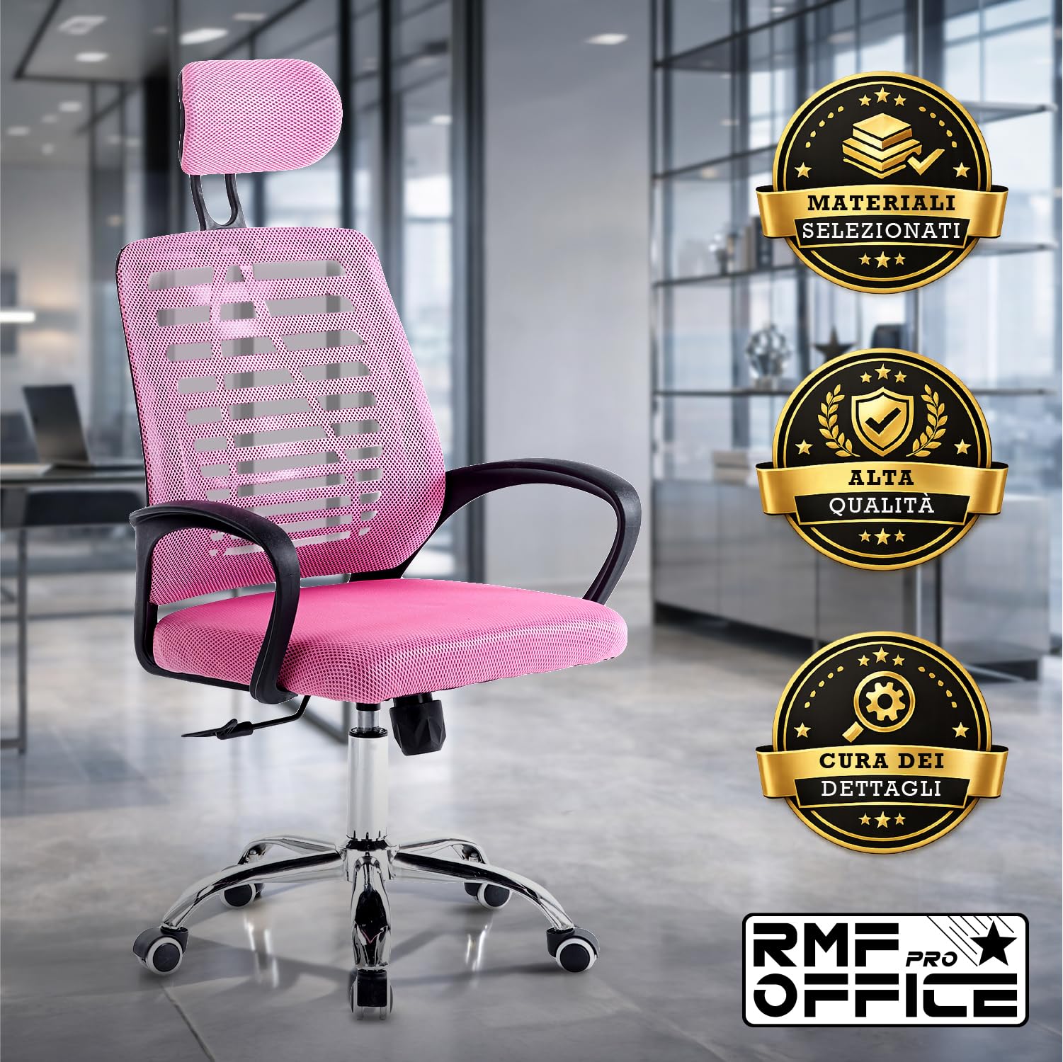 RMF Sedia Ufficio Ergonomica Professionale Reclinabile, Sedia Scrivania in Rete con PoggiaTesta Seduta Comoda e Rilassante - Poltrona Relax Ufficio con Ruote Girevoli Altezza Regolabile Rosa