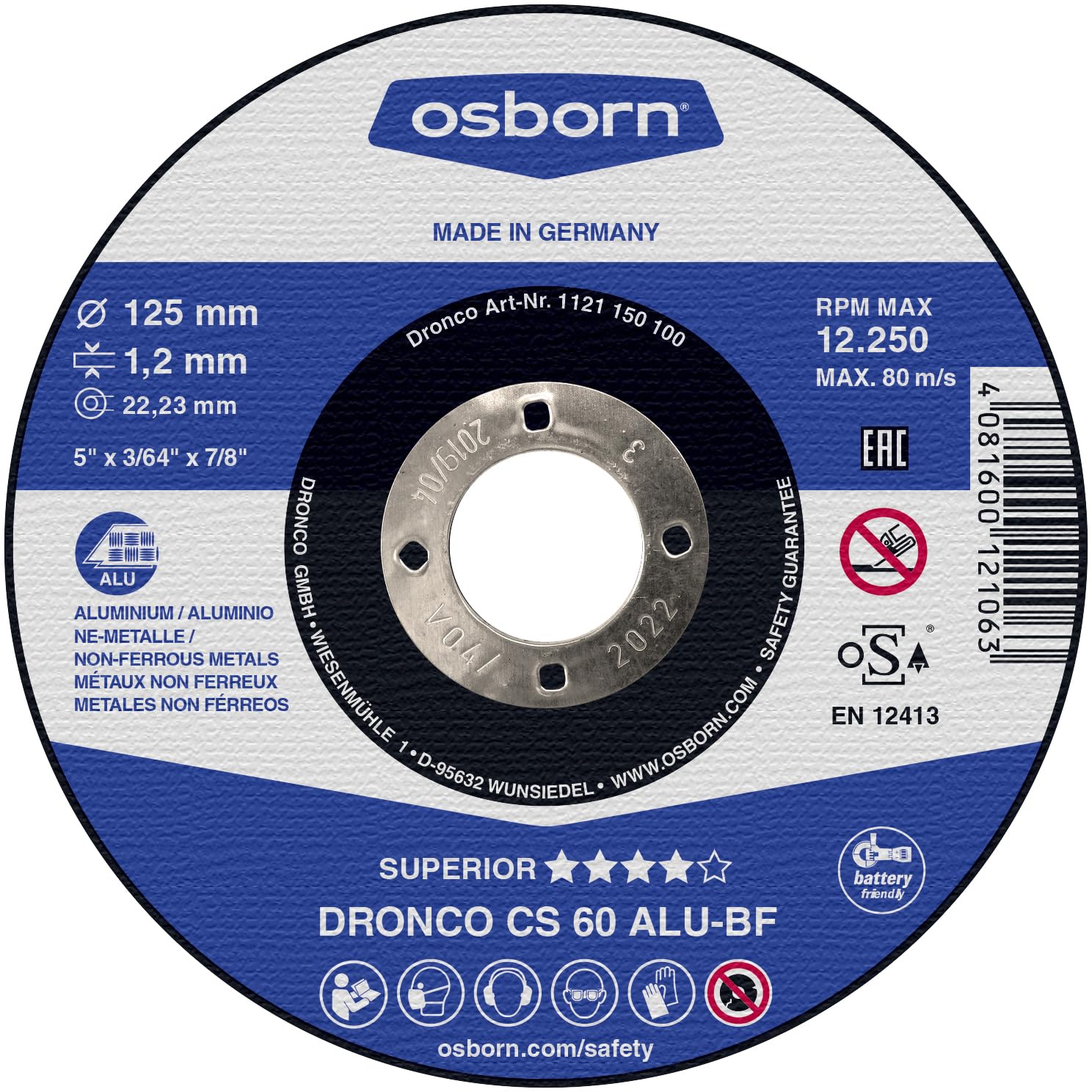 Osborn Dronco1153150100 Special CS 46 ALU Free Hand Metal Cutting Disc, Aluminium, 150 mm Diameter x 1.6 mm Thickness x 22.23 mm Hole Diameter, 10200 rpm (Pack of 25)