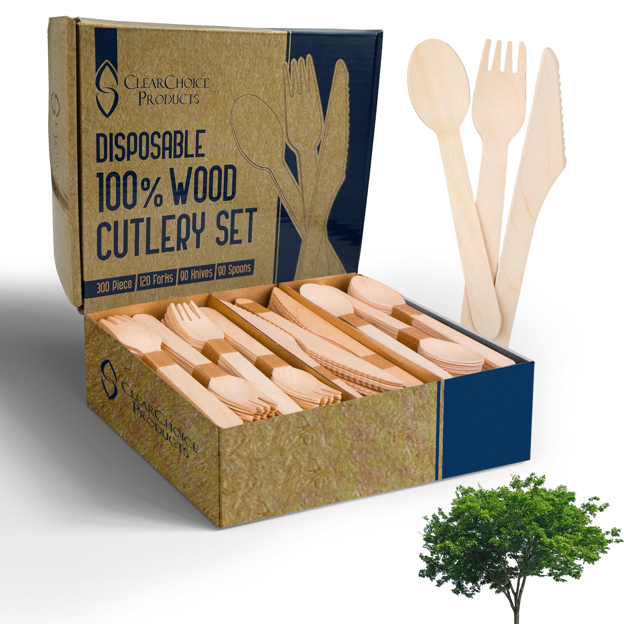 Compostable Cutlery Set - 300 PCS Wooden Utensils [120 Forks, 90 Spoons, 90 Knives] - Eco-Friendly Wooden Disposable Utensils - Compostable Forks and Spoons - Disposable Cutlery Set Party Utensils