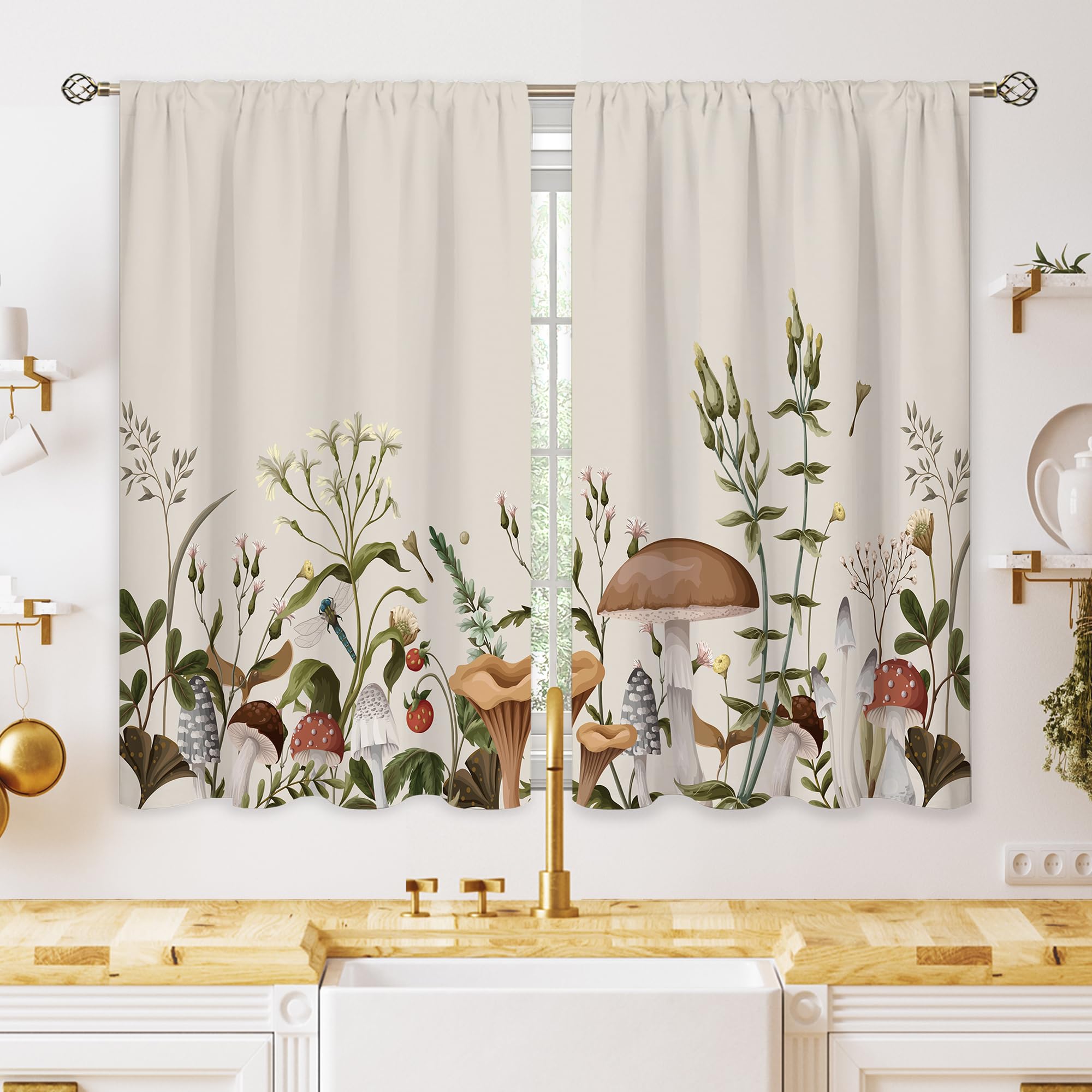 oolygoo Vintage Mushroom Small Kitchen Curtains Leaves Botanical Window Treatment Rustic Mushroom Cafe Short Window Curtains for Bathroom Dining