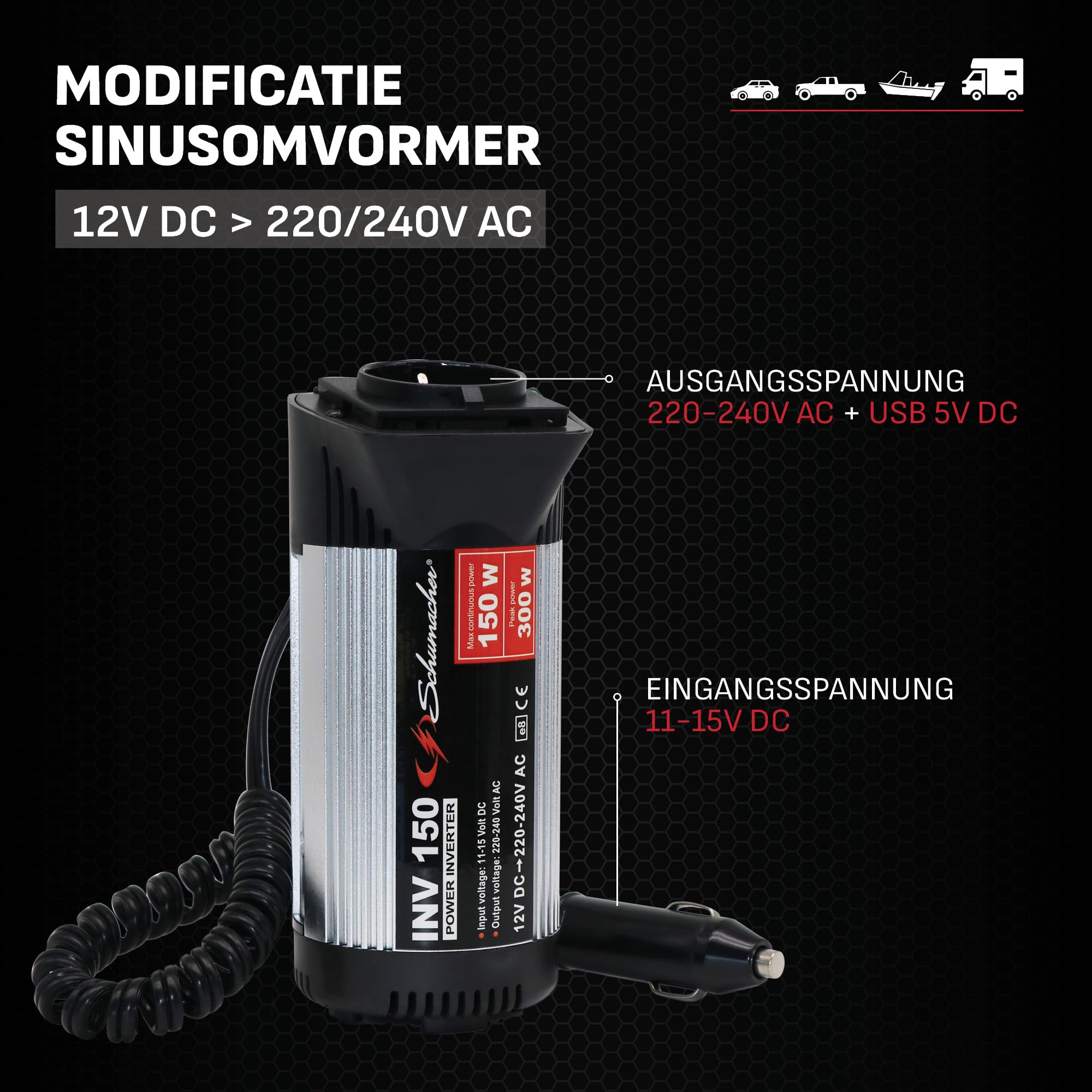 Schumacher INV 150 Spannungswandler Modifizierter Sinus-Wechselrichter 12V DC > 220V/240V AC - Dauerleistung 300 W - Überspannungs-, Unterspannungs-, Überlast- und Thermoschutz - Lüfter - Geräuschlos | Modifizierter Sinus-Wechselrichter, Dauerleistung, Üb
