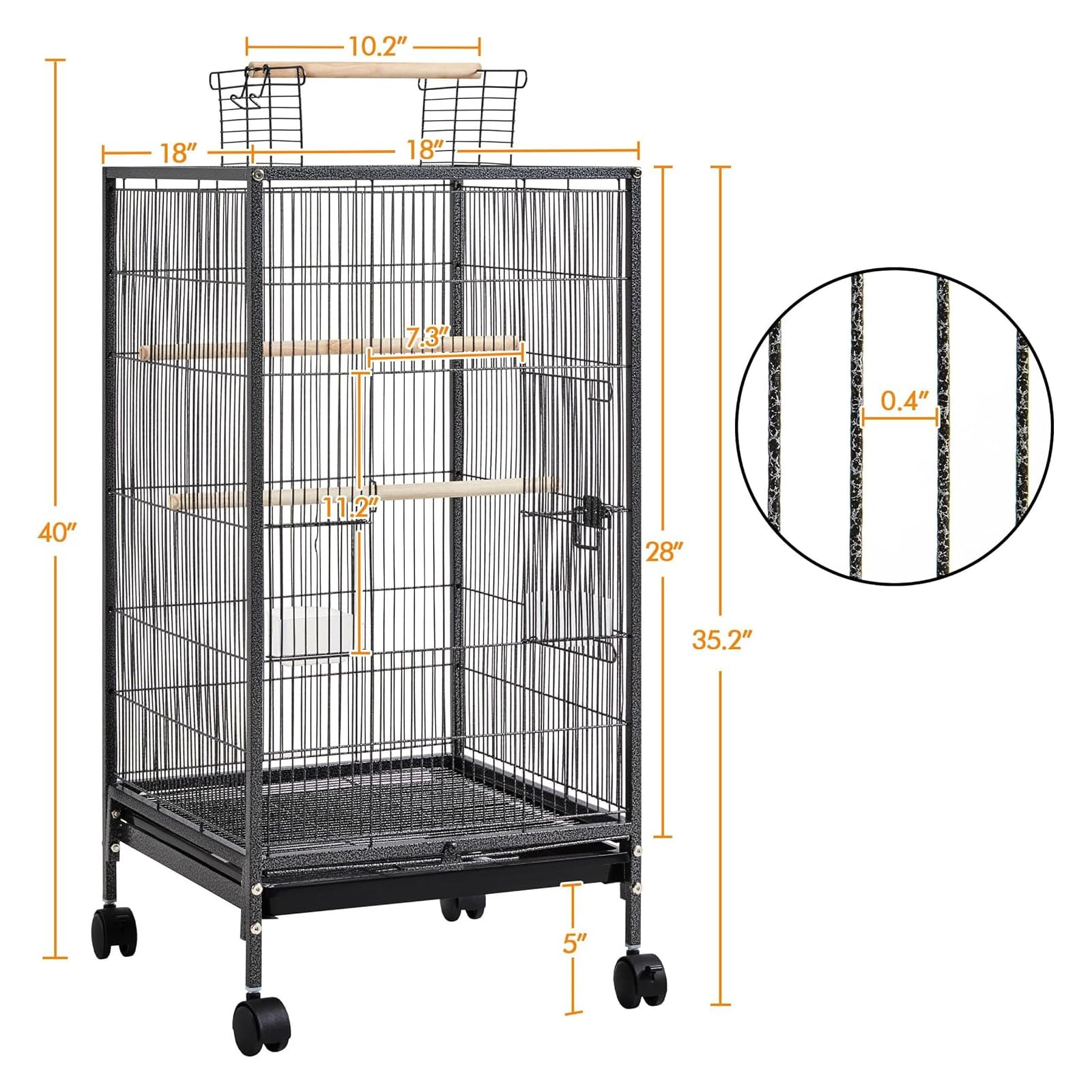 Vogelkäfig, 46 x 46 x 102 cm Großformat Vogelbauer mit Spieldach, Rollständer & Herausnehmbares tablett, Vogelvoliere mit 3 Sitzstangen, Futterstellen & Tränken für Wellensittiche Kanarien
