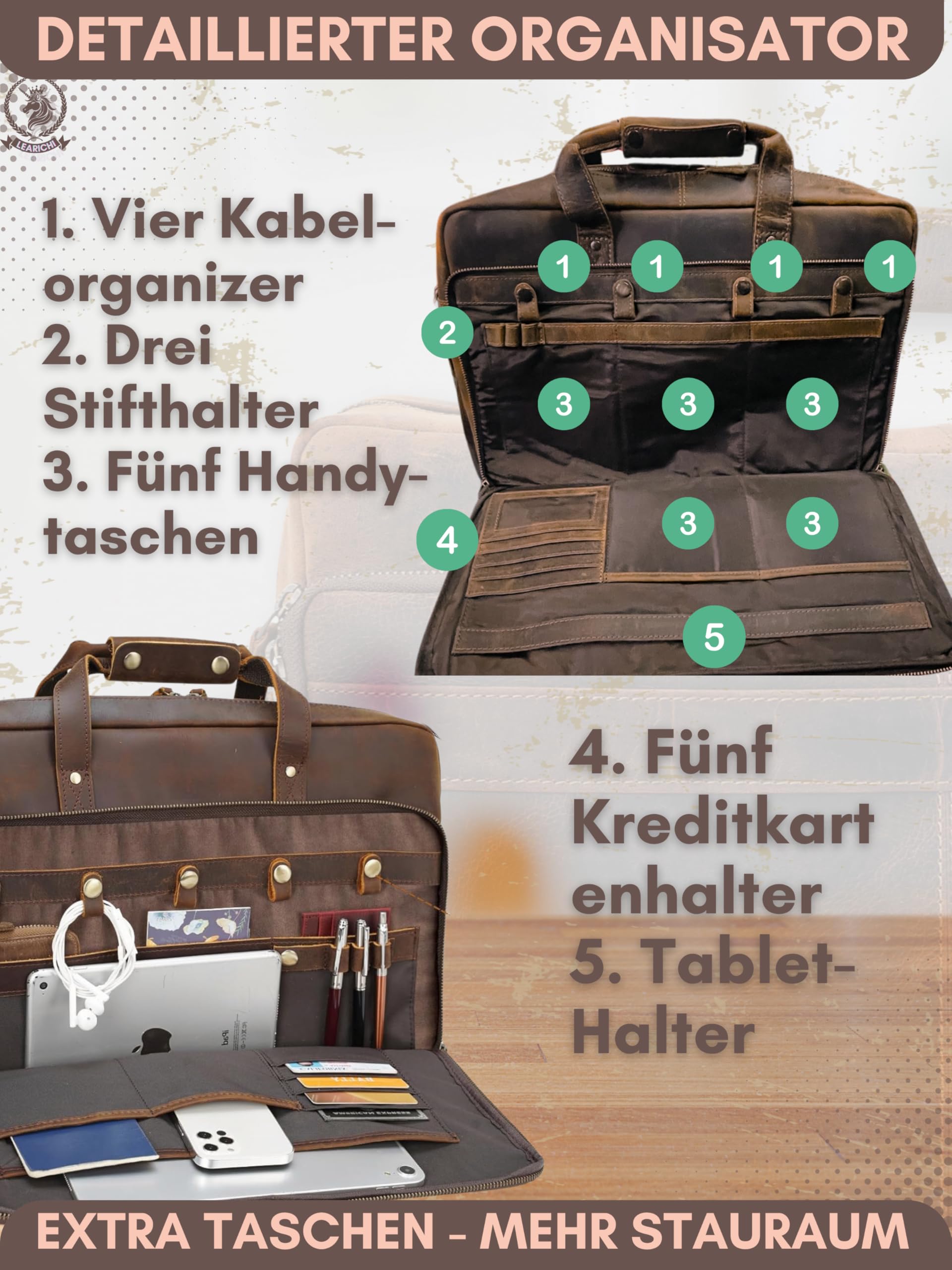 16 Zoll Herren Echt Jäger Leder Aktentasche Laptoptasche Ledertasche Business Laptop Tasche Große Messenger Umhängetasche Schultertasche Vintage Braun Bürotasche Arbeitstasche für Männer