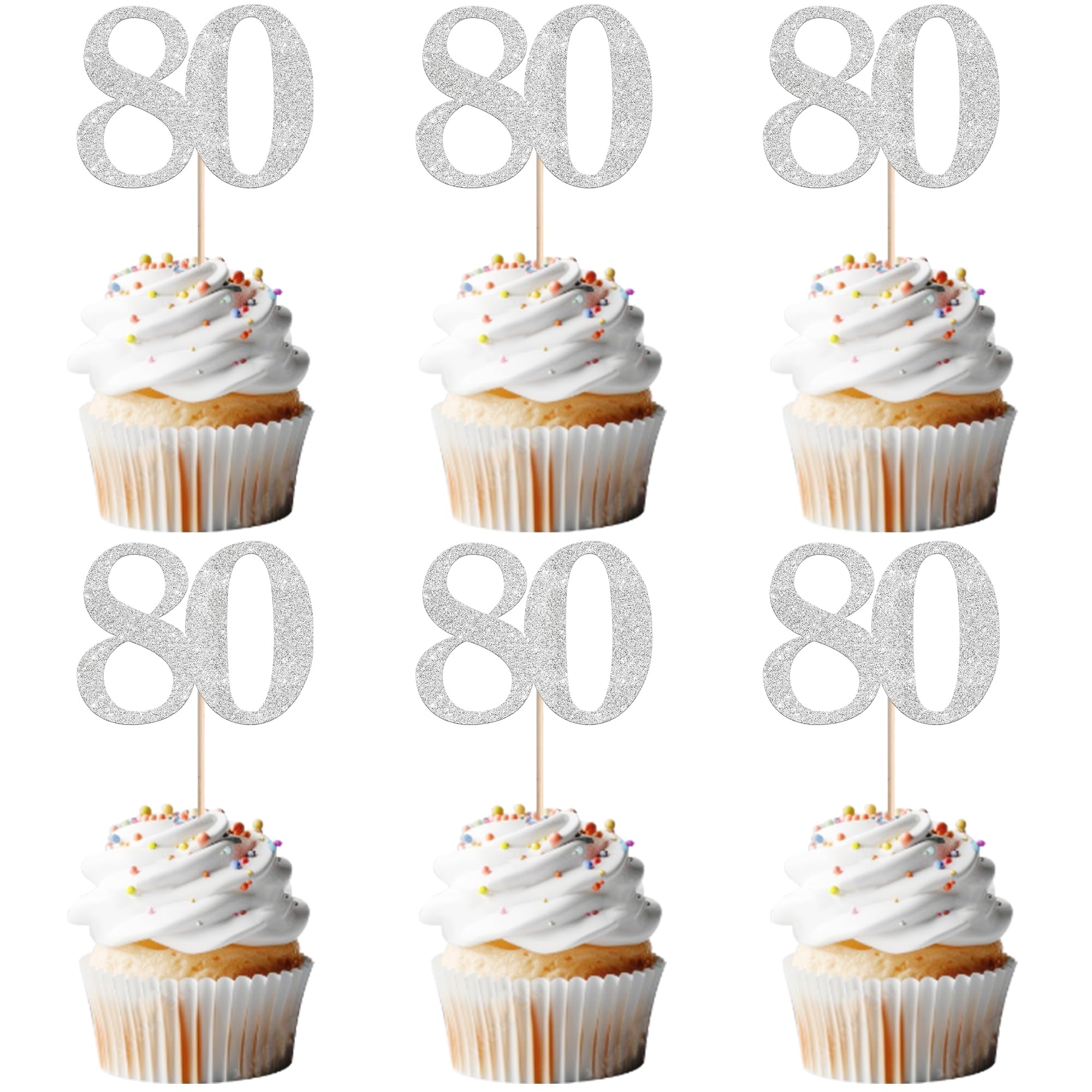 Xsstarmi 36 Pack Number 80 Cupcake Toppers Silver Glitter Cheers to 80 Years Birthday Cupcake Picks Decoration for Happy 80th Birthday Wedding Anniversary Party Cake Decorations