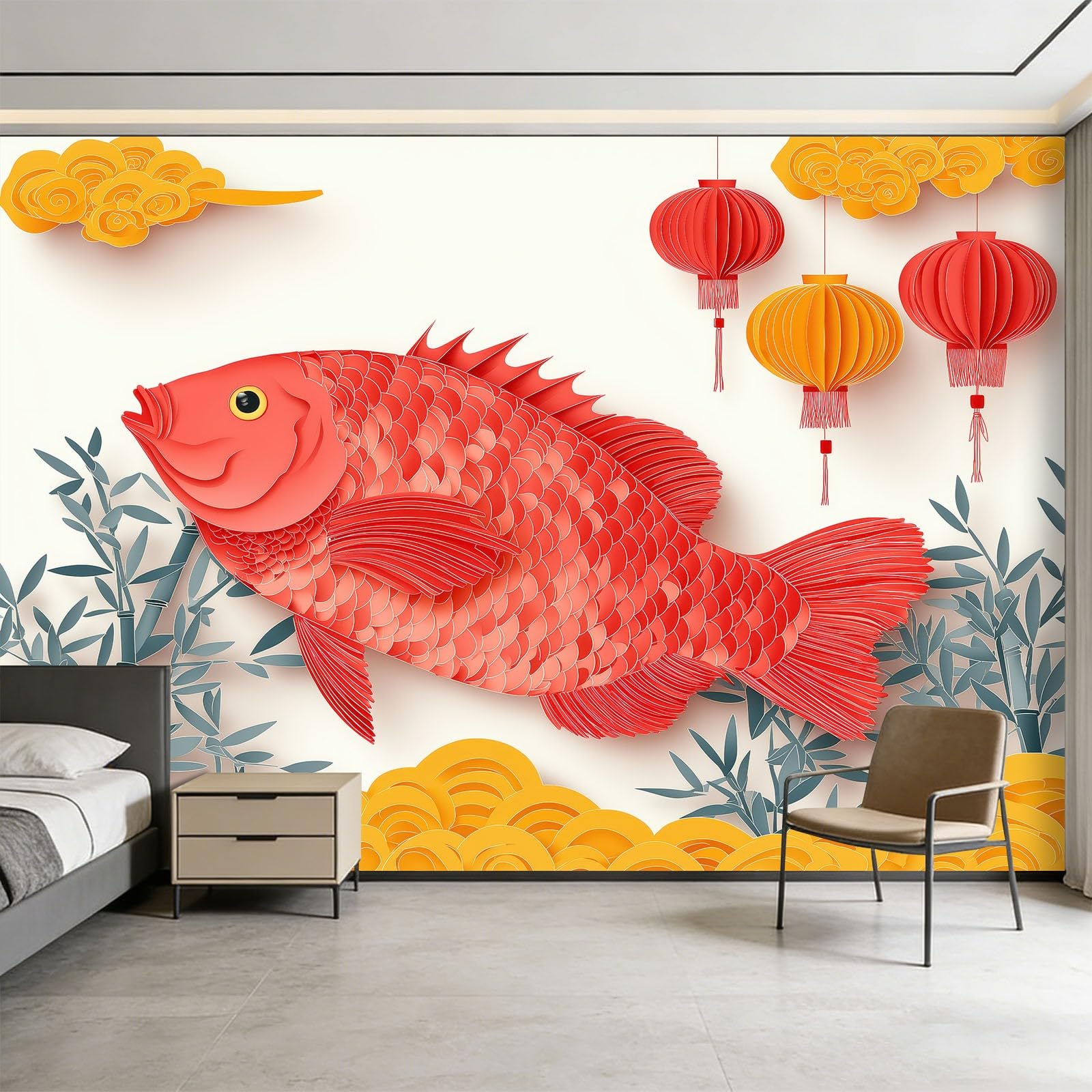 Générique Chińska tapeta z włókniny 3D, bambus, 250 x 175 cm, tapeta z włókniny, plakat ścienny do salonu, pokoju dziecięcego, dekoracja ścienna, łatwy montaż, żółta