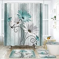 Onalasyc Teal Daisy Farmhouse 4PCS Shower Curtain Set - Waterproof 71x71in Curtain, Non-Slip Mats, 12 Hooks, Bathroom Decor