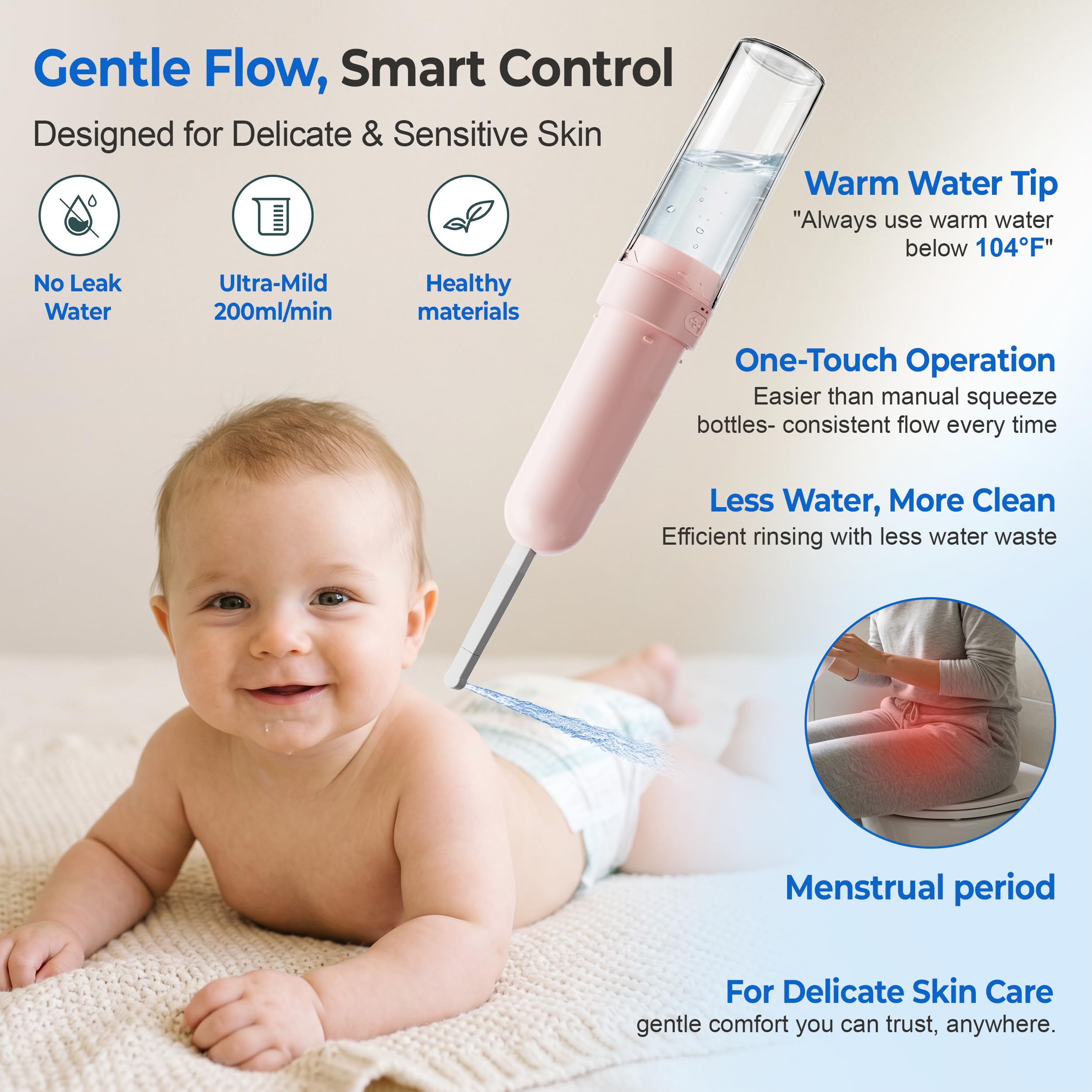 Bottiglia elettrica Peri aggiornata - Bidet portatile per donne cura post-partum e viaggi | Rondella femminile ricaricabile con 3 modalità - Cura dell'igiene intima (rosa)