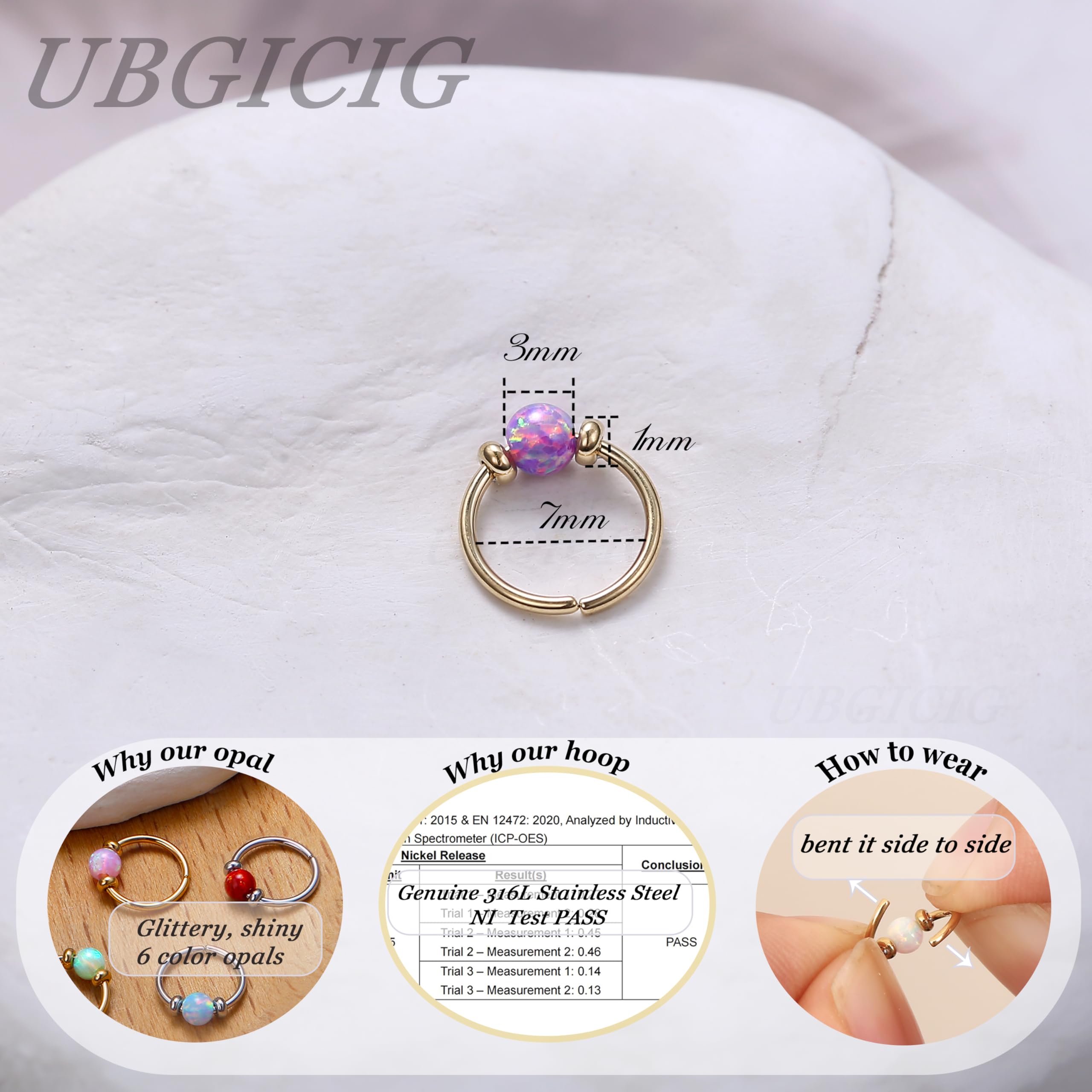UBGICIG Opal cienkie kolczyki w nosie obręcze - 24G/20G stal chirurgiczna 316L przekłuwanie nosa biżuteria różowy/niebieski/biały/czerwony/fioletowy 7mm srebrny/złoty