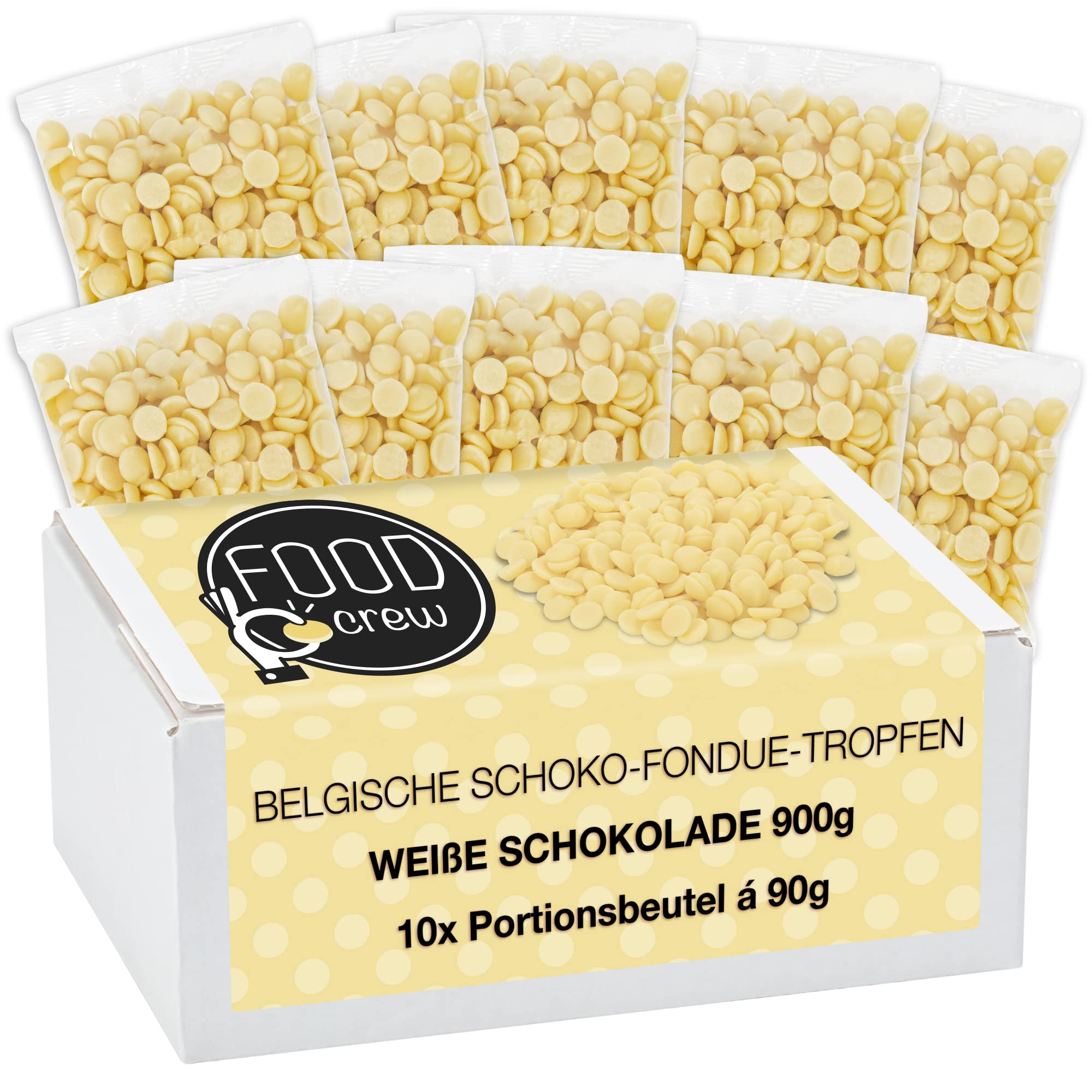 FOOD crew 900g weiße belgische Schokolade für Fondue - 10 Portionsbeutel einzeln verpackt - Fondue Schokolade Weiß - Schokolinsen für Schokobrunnen - Weiße Kuvertüre - Schoko Fondue Drops