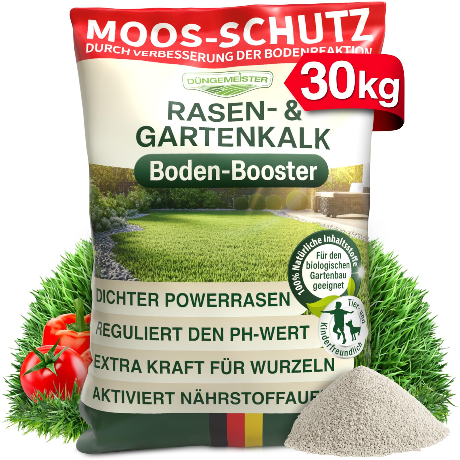 Rasenkalk 30 kg – hochwertiger Rasen- & Gartenkalk zur pH-Optimierung und Bodenverbesserung – verbessert Nährstoffaufnahme, beugt Moosbildung vor, sorgt für kräftigen Rasen im Garten