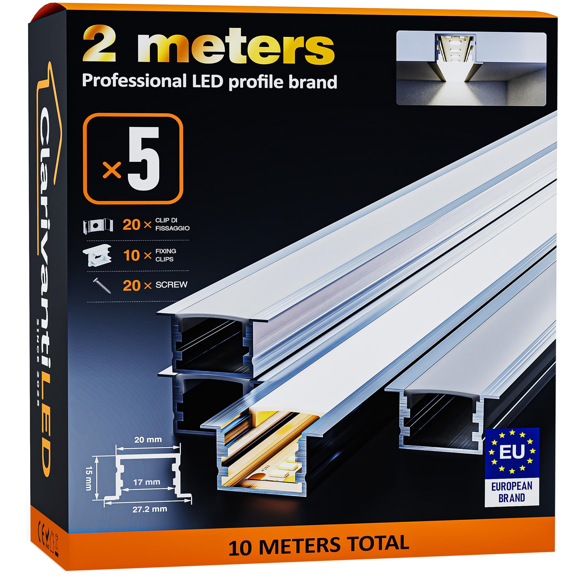 Profil LED profil aluminiowy w kształcie litery U z mleczną białą pokrywą, kanał z dyfuzorem, profile aluminiowe taśmy LED (2000 × 20 × 15 mm, w kształcie litery U (z krawędzią), 5 × 2