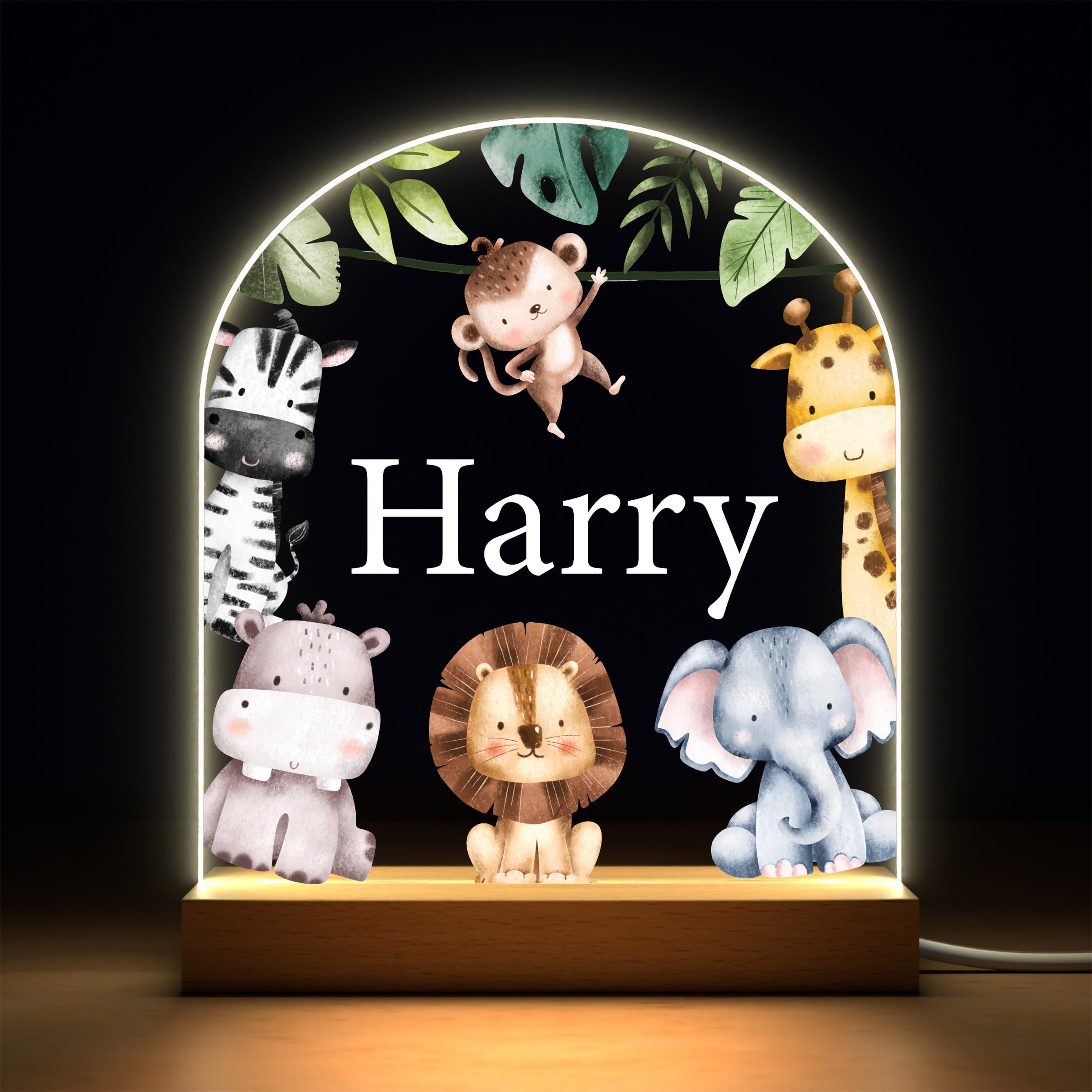 Beecreative Personalised Baby Boy Nursery Gifts - Custom Jungle Safari Animal Bedroom Night Light With Any Childs Name