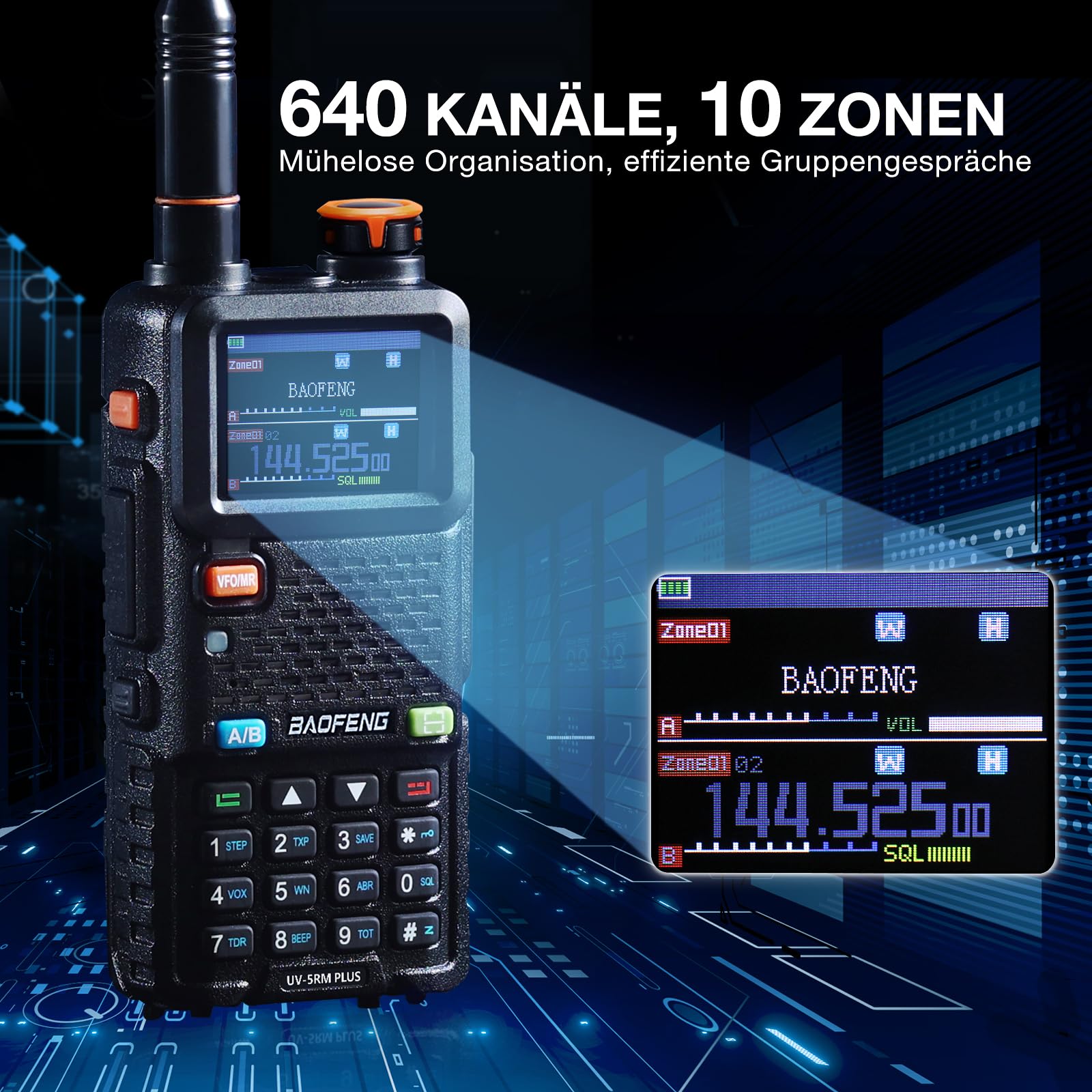 BAOFENG UV-5RM Plus GPS Funkgerät, 10W Handfunkgerät 10 Zonen 640 Kanäle | GPS-Mehrbandfunkgerät mit 1,77" Farbbildschirm, 2500 mAh Akku, 10 Zonen 640 Kanäle für Outdoor-Abenteuer
