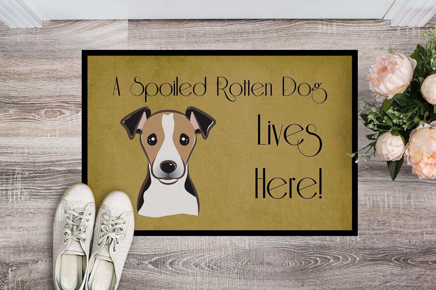 Caroline's Treasures BB1509MAT Tricolor Jack Russell Terrier Spoiled Dog Lives Here Doormat 18x27 Front Door Mat Indoor Outdoor Rugs for Entryway, Non Slip Washable Low Pile, 18H X 27W