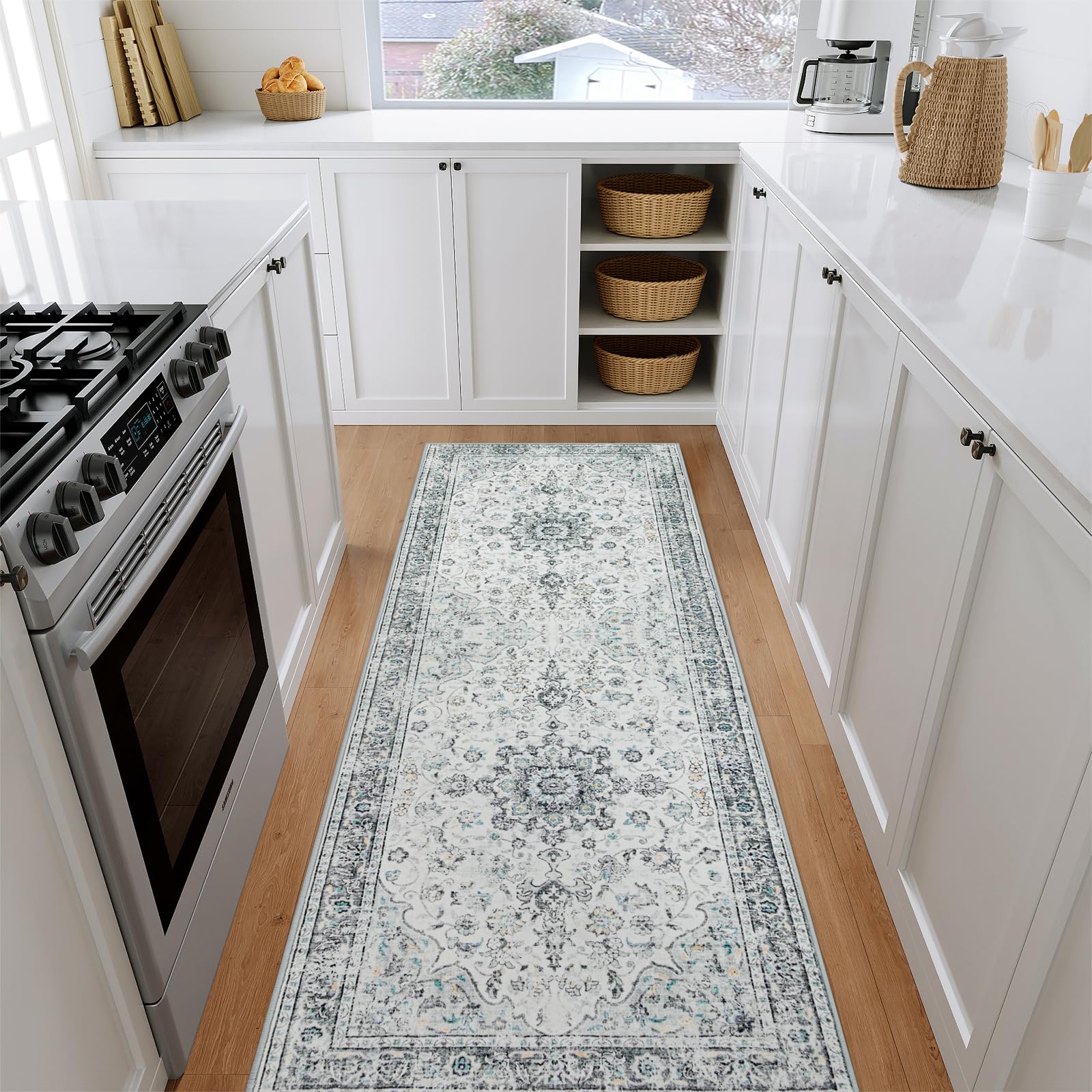 Beeiva Vintage Rug Runners for Hallways, 2x5 Washable Low Pile Ultra Thin Runner with Non Slip Backing, Rugs for Bedroom, Entryway, Kitchen - Grey