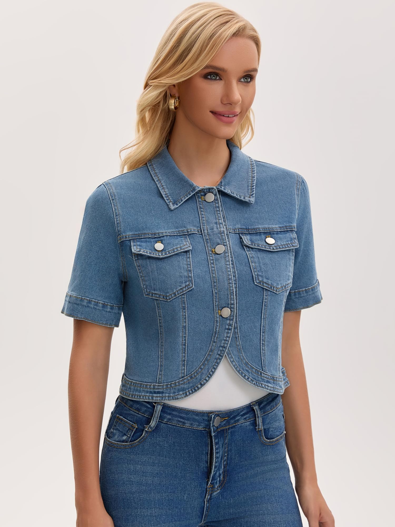Veste en Jean Femme Manches Courtes Blouson Courte Boutonnée avec Poches Style Rétro et Classique Boléro en Denim