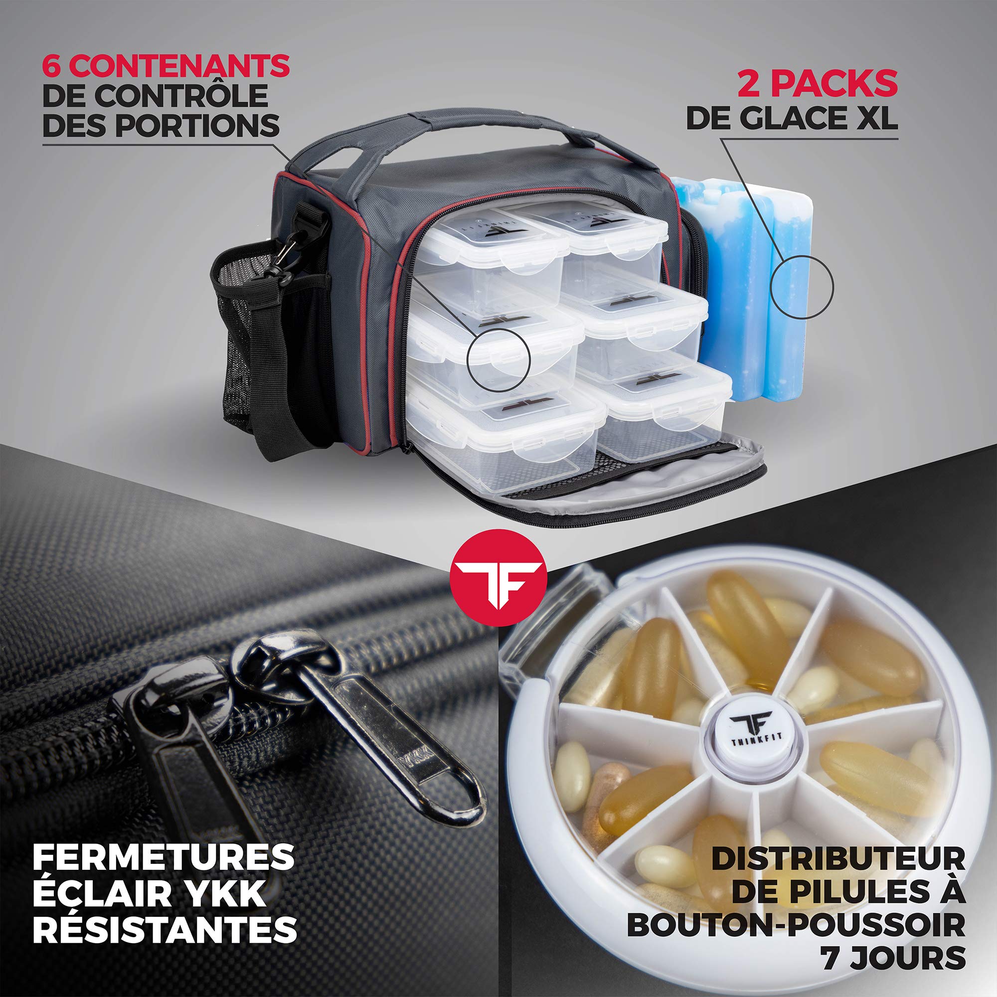 ThinkFit Sac Isotherme Repas, Sans BPA - 6 Boîtes à Lunch pour Aliments Allant au Micro-Ondes et au Congélateur, Bouteille de Shaker, Boîte à Comprimés - Boite Hermetique Alimentaire - Rouge