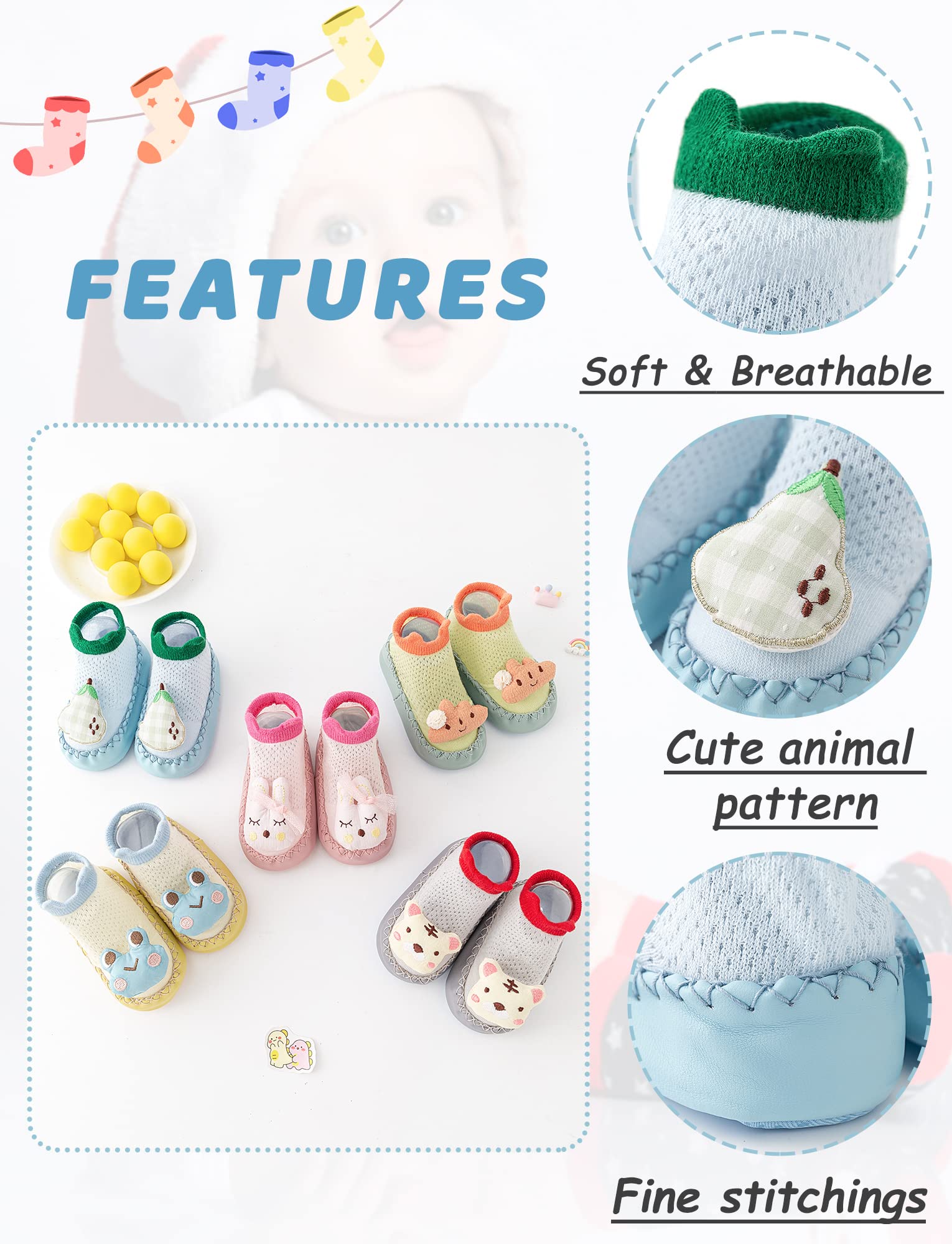 Happy Cherry 3 Pairs of Baby Boy Slipper Socks Indoor Toddler Girls Slippers Combed Cotton Fluffy Newborn Boys Warm Soft Sole Anti-Slip Baby Kids Slip On Socks Shoes Yellow+Green+Pink 6-12 Months