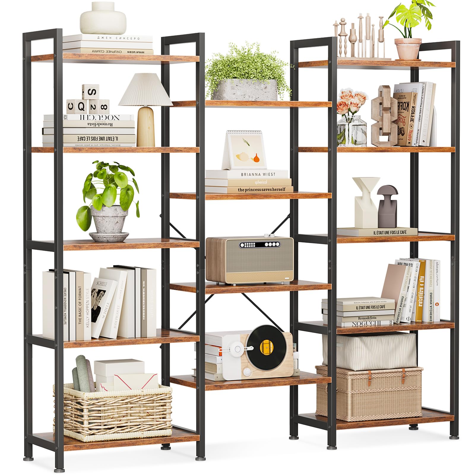 Coleshome Triple Bookshelf, Large Bookcase with 14 Open Display Shelves, Industrial Book Shelves Book Case for Bedroom, Wide Standing Shelving Unit for Living Room Home Office (Vintage Brown, 5-tier)